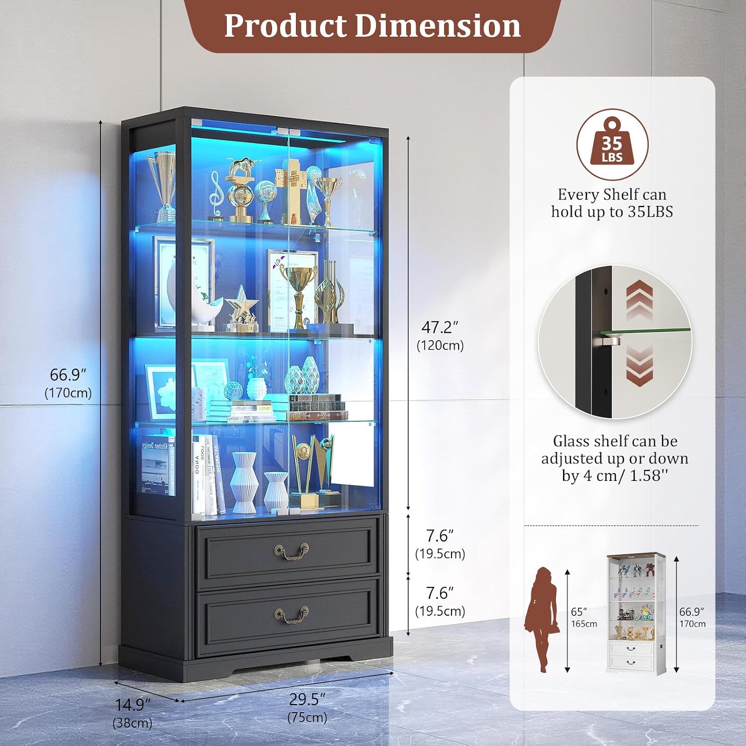 TAGELIER 67' Tall Display Cabinet with Glass Doors and 2 Drawers, Stable Wooden Frame Curio Cabinet with Smart Human Sensor, Led Display Cases for Collectibles and Books, Living Room Office (Black)