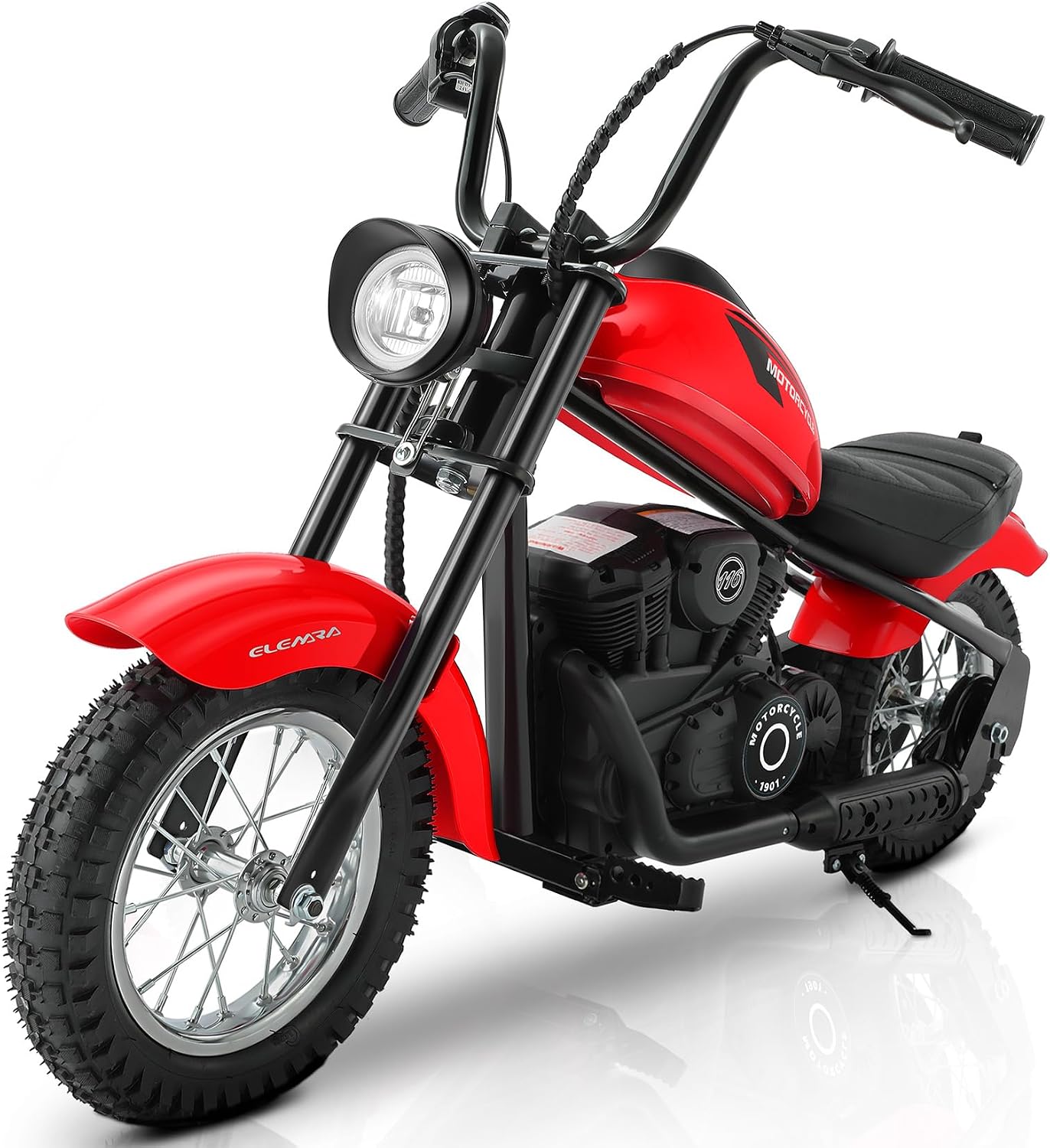 ELEMARA Electric Dirt Bike, 15 mph & 150lb Max, 24V Ride on Toy for Big Kids w/LED Lights & Power Display,Chain-Driven Motor,Twist-Grip Throttle,Shock Springs,Handbrake,12' Air-Filled Tires-Ruby