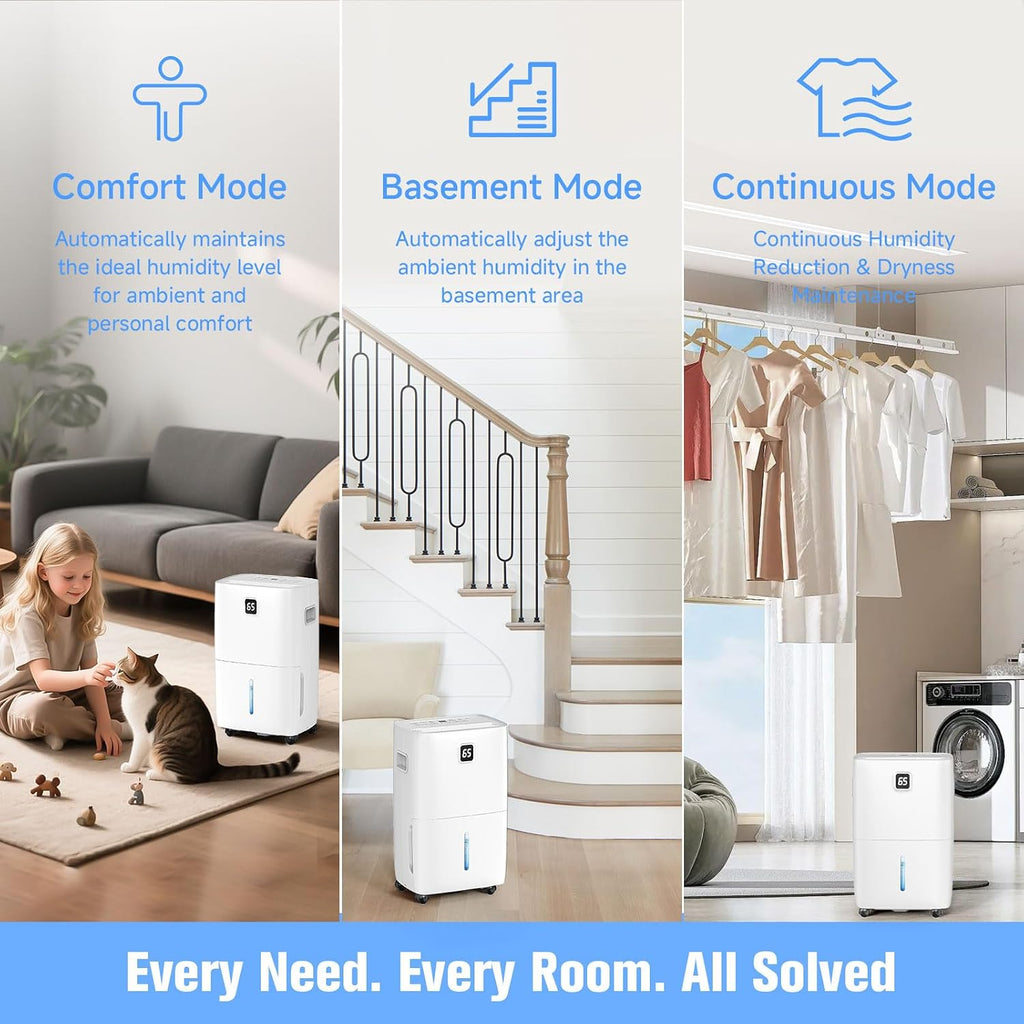 80 Pint Dehumidifier - Up to 5,000 Sq Ft, for Basement, Bedroom, Bathroom, Living Room, Home, Garage | 3 Fan Speeds, Smart Humidity Control, Auto Drain, Easy Move Wheels