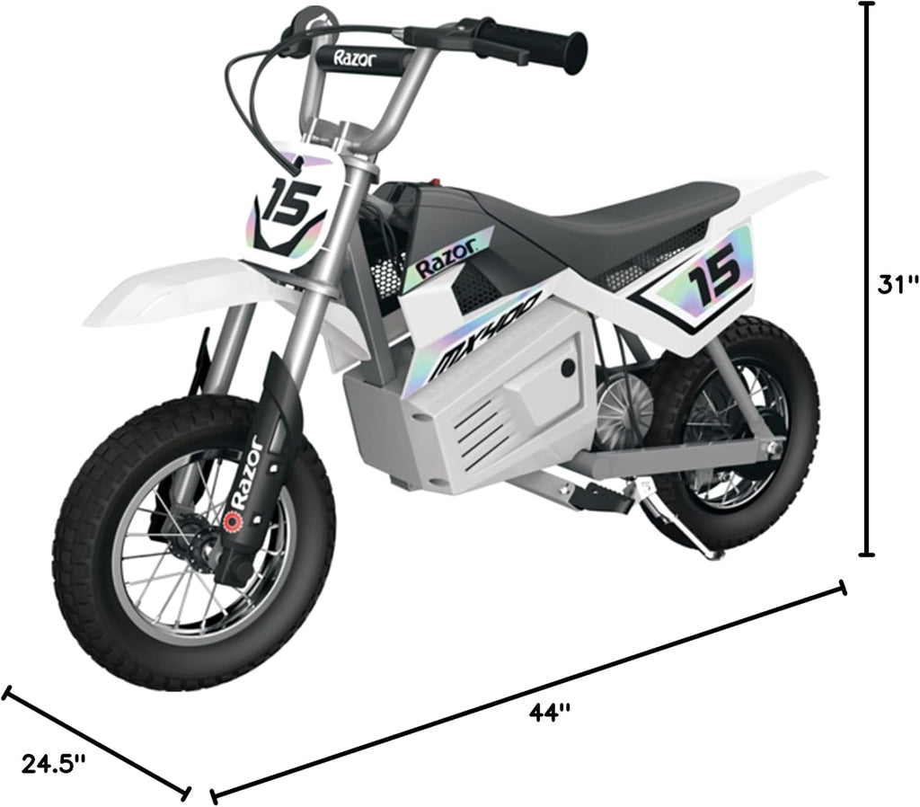 Razor MX400 Dirt Rocket Electric Bike for Kids Ages 8+, 140 lb Max Weight, White – 24V Battery, Up to 14 Mph, 30-Min Ride Time on High Speed, Twist-Grip Throttle, Spoked Wheels w/ 12' Pneumatic Tires