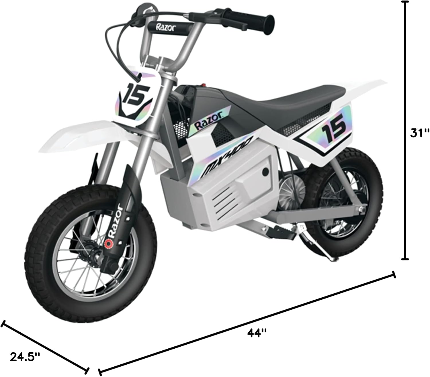 Razor MX400 Dirt Rocket Electric Bike for Kids Ages 8+, 140 lb Max Weight, White – 24V Battery, Up to 14 Mph, 30-Min Ride Time on High Speed, Twist-Grip Throttle, Spoked Wheels w/ 12' Pneumatic Tires