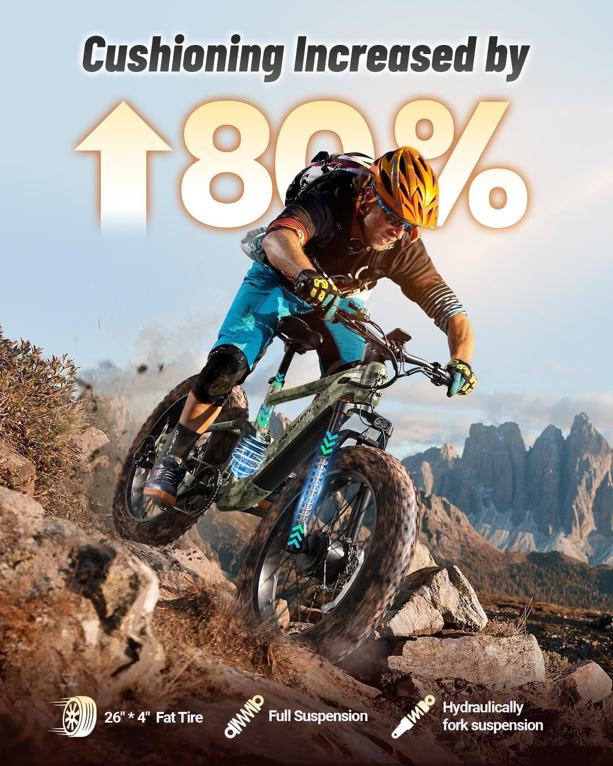 PUCKIPUPPY Dual Motor Electric Bike for Adults 1600W, 48V 20AH Battery with Torque Sensor, Full Suspension, 26' Fat Tire, 28MPH, 8 Speed Mountain Electric Bicycle, 80 Mile Range, Golden Retriever Pro