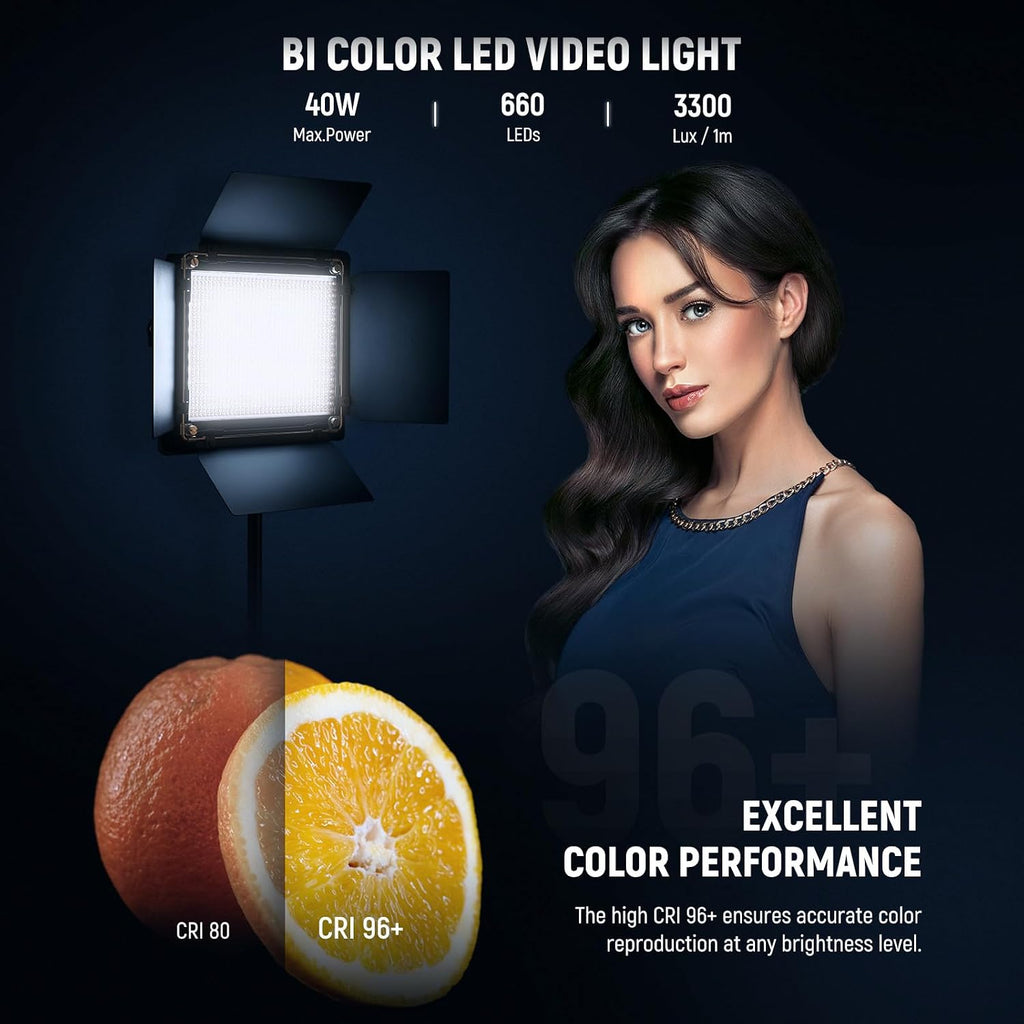 NEEWER Bi Color LED Studio Light with Tripod Stand Barndoors, Video Panel Key Lighting for Video Recording Streaming Photoshoot Photography, 660 LEDs 3200K-5600K 3300lx/1m Dimmable CRI96+, NL660