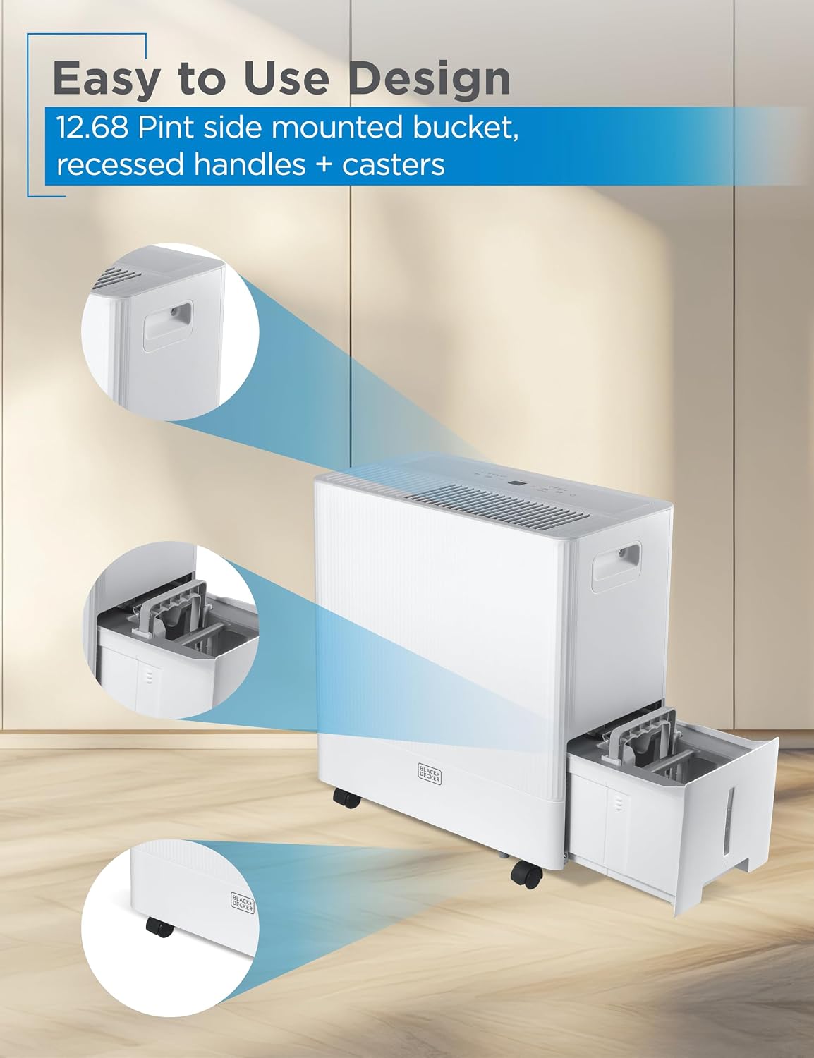 BLACK+DECKER 50-Pint Portable Dehumidifier with Built-in Pump, Dehumidifier with Pump for up to 4500 Sq. Ft., For Home and Large Spaces, Removable Bucket and Drain Hoses Included, BD50PMWSA, White