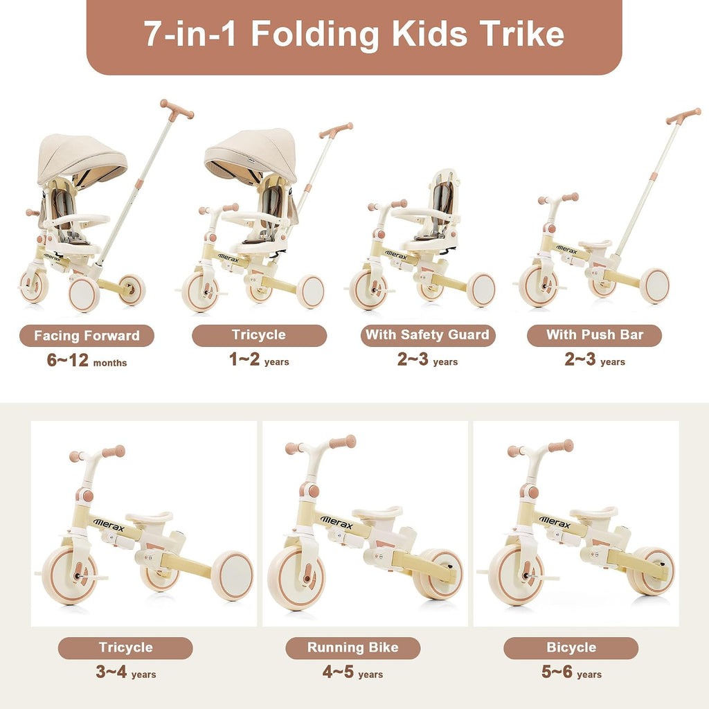 7 in 1 Baby Tricycle Stroller for Toddlers Ages 1Y-6Y Adjustable Push Handle Rotatable Seat Retractable Canopy