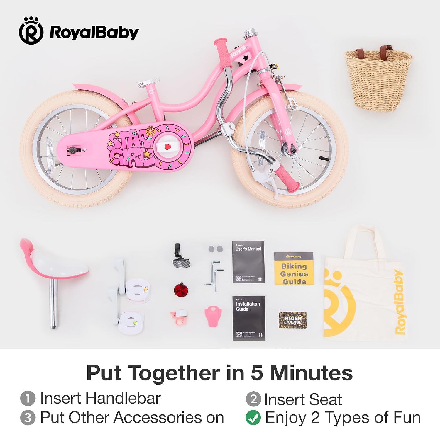 RoyalBaby Girls Bike, Stargirl EZ Kids Bike Balance and Pedal Bicycle with Basket and Dual Handbrake, 12 14 16 18 Inch Toddlers to Big Kids 3-8 Years, Multiple Colors