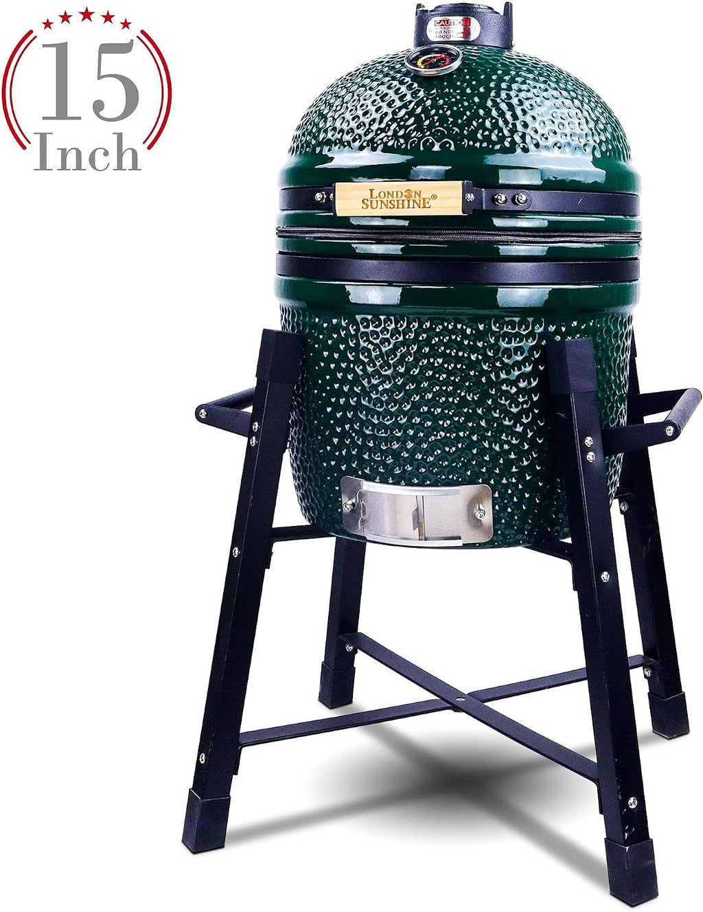 London Sunshine Ceramic Kamado Charcoal BBQ Grill and Smoker, Stainless Steel Grates -15' Ceramic with Tall Stand (GREEN)