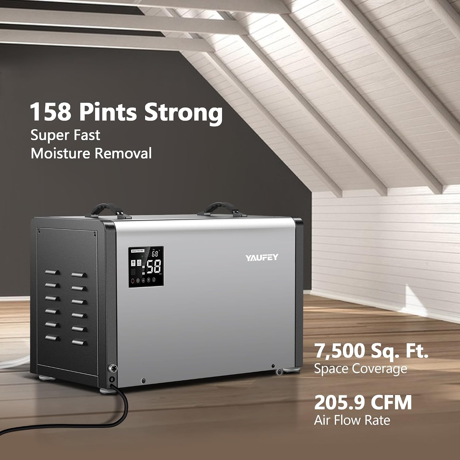Yaufey 158 Pints Commercial Dehumidifier with Pump for 7500 Sq.Ft. Crawl Space, Basement, Industrial Area, 10-90% RH Humidity Control, 24/7 Running Continuous Drainage, TUV Certified, 5-Yr Coverage