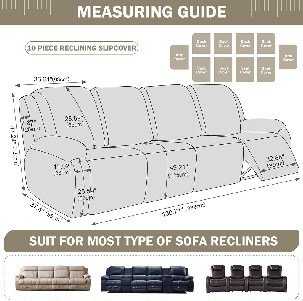 vctops 10 Pieces Cotton Linen Recliner Sofa Covers Rustic Stretch Soft 4 Seats Couch Cover Anti-Slip Sofa Slipcover Furniture Protector with Elastic Bottom for Kids Pet (Beige Grey,4 Seat)