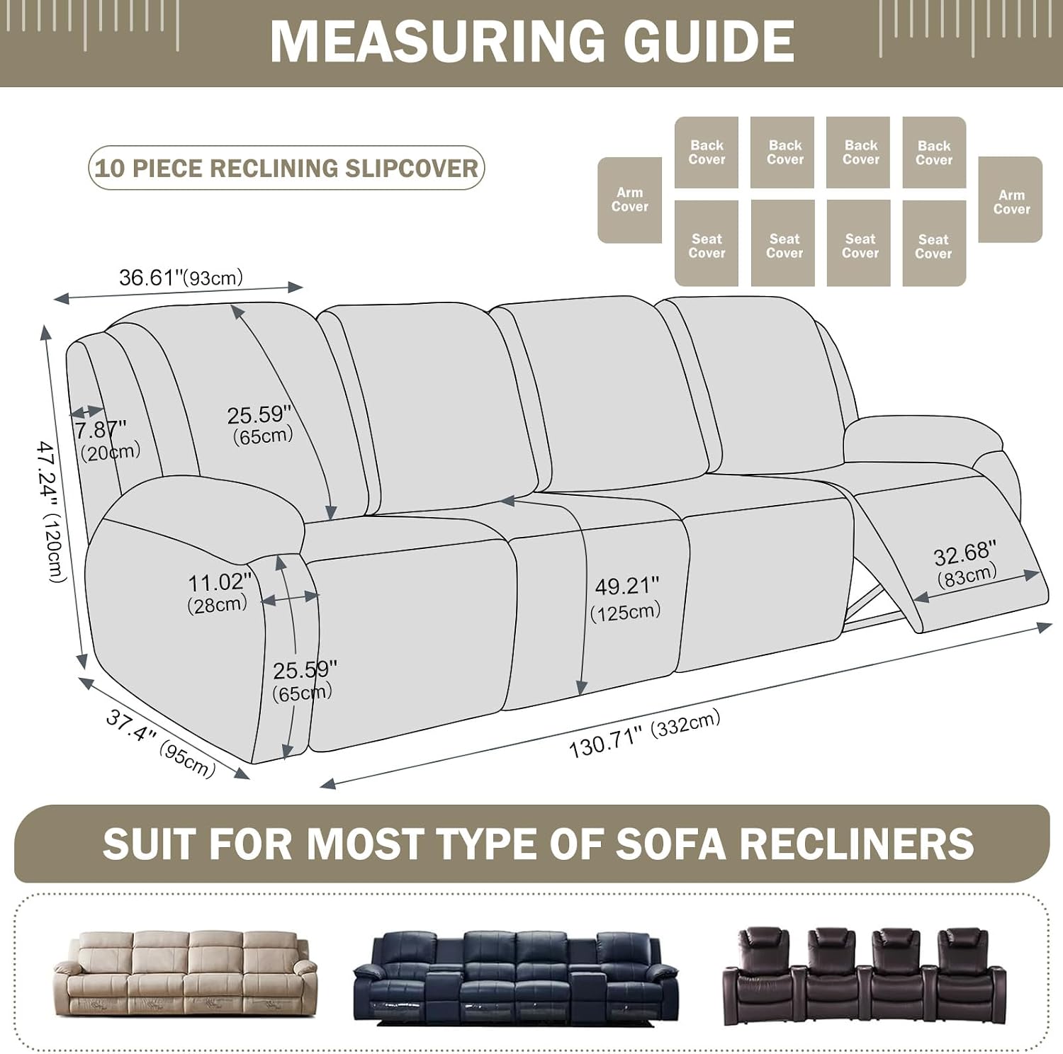 vctops 10 Pieces Cotton Linen Recliner Sofa Covers Rustic Stretch Soft 4 Seats Couch Cover Anti-Slip Sofa Slipcover Furniture Protector with Elastic Bottom for Kids Pet (Beige Grey,4 Seat)