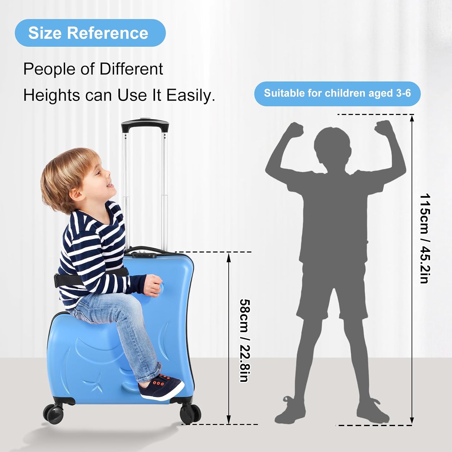 24 Inch Kid Ride Suitcase, Kid Luggage Seat Ride With Lock - Kids Travel Trolley With Safety Belt, Kids Luggage With Wheels Child Stroller Spinner Luggages, ABS+PC (Blue, 6-12 Years)
