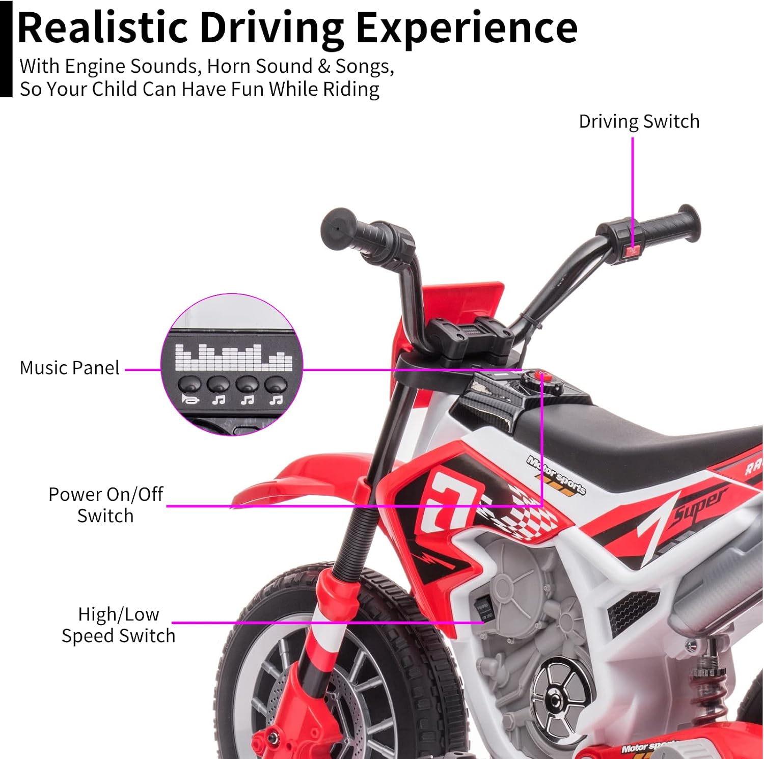 12V Electric Ride On Motorcycle for Kids Battery Powered Electric Dirt Bike Birthday Presents for Kids with Training Wheels 2 Speeds Music Player Shock Absorber, Red