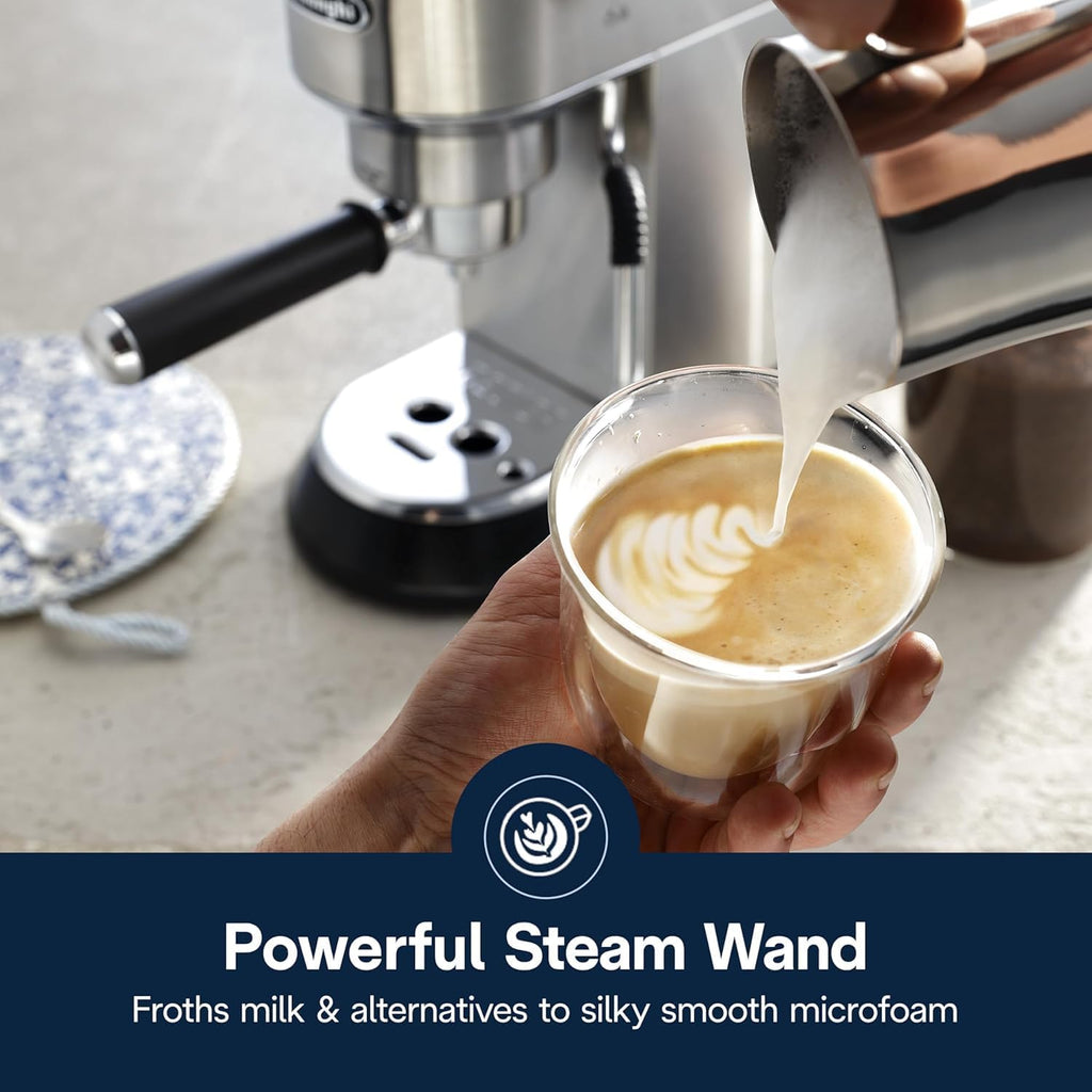 De'Longhi Dedica Arte Espresso Machine with My LatteArt Steam Wand (Milk Frother), 15-Bar Pump & 3-Level Temp Control - Compact Espresso Maker for Latte & Cappuccino - Italian Stainless Steel Design