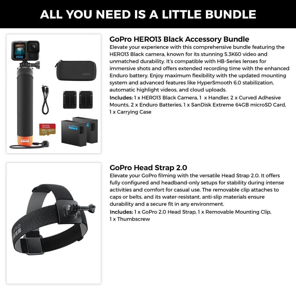 GoPro Hero13 Black 27MP Waterproof Action Camera - Special Accessory Bundle | 5.3K60 Ultra HD Video w/Handler, 2 Enduro 1900mAh Batteries, 64GB Extreme microSDXC Memory Card and Head Strap 2.0