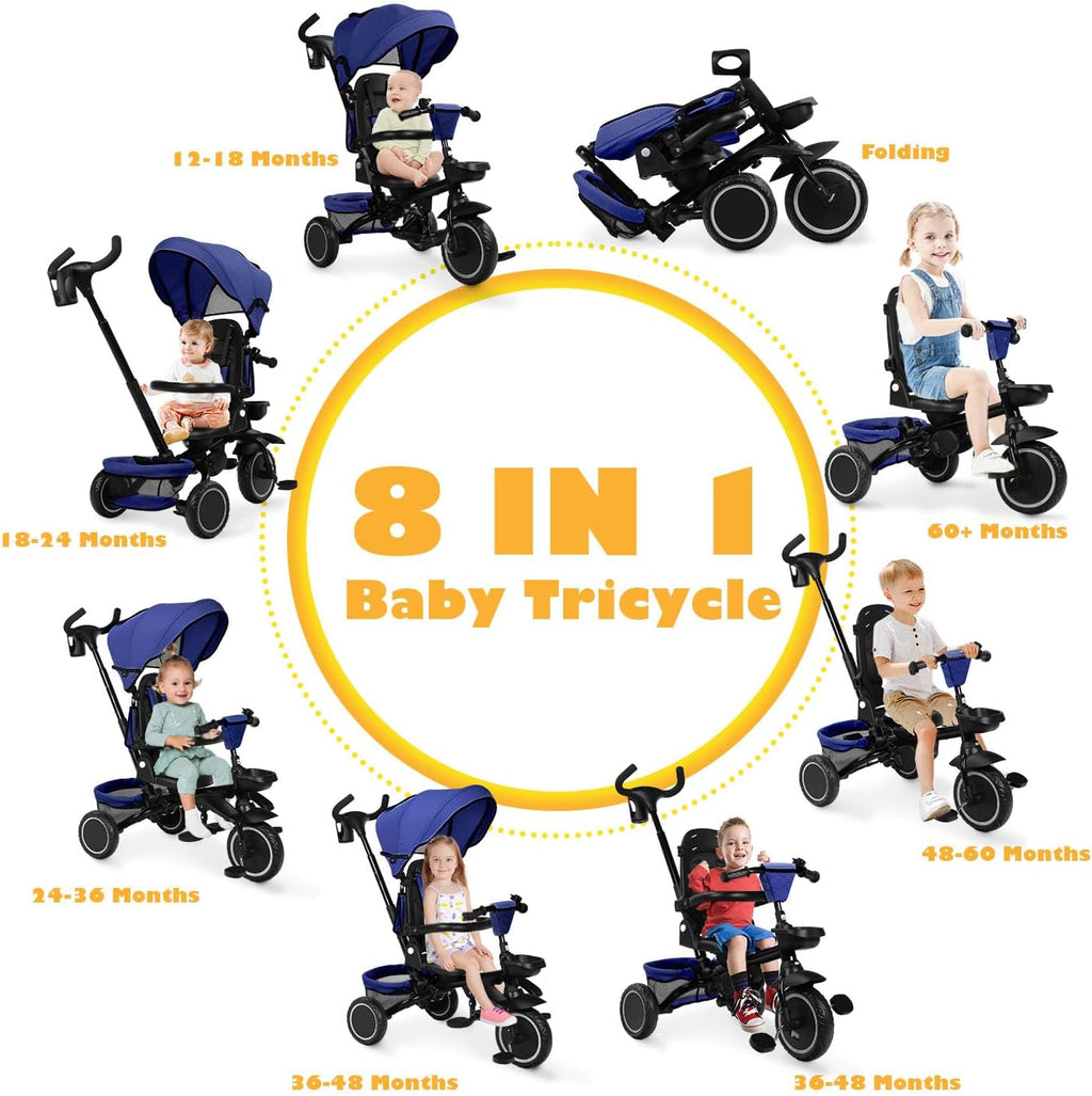 TODEFULL Folding Kids Tricycle, 8 in 1 Toddler Trike W/Removable & Adjustable Canopy, Parent Handle, 5-Piont Harness, Toddler Bike Tricycle for Kids 1-6 Years, EVA Wheels, Storage Basket, Blue