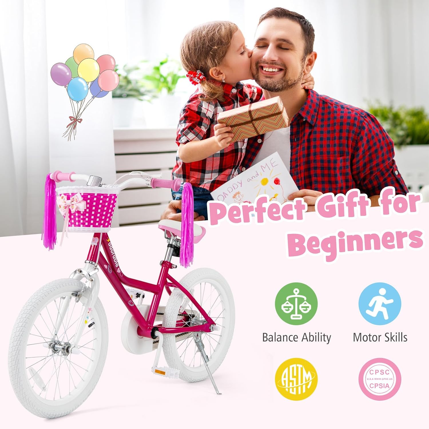 BABY JOY Girls Bike, 12' 14' 16' 18' Kids Bike for 3-8 Years Old with Training Wheels, Adjustable Seat & Handlebar, Handbrake & Coaster Brake, Children Bicycle