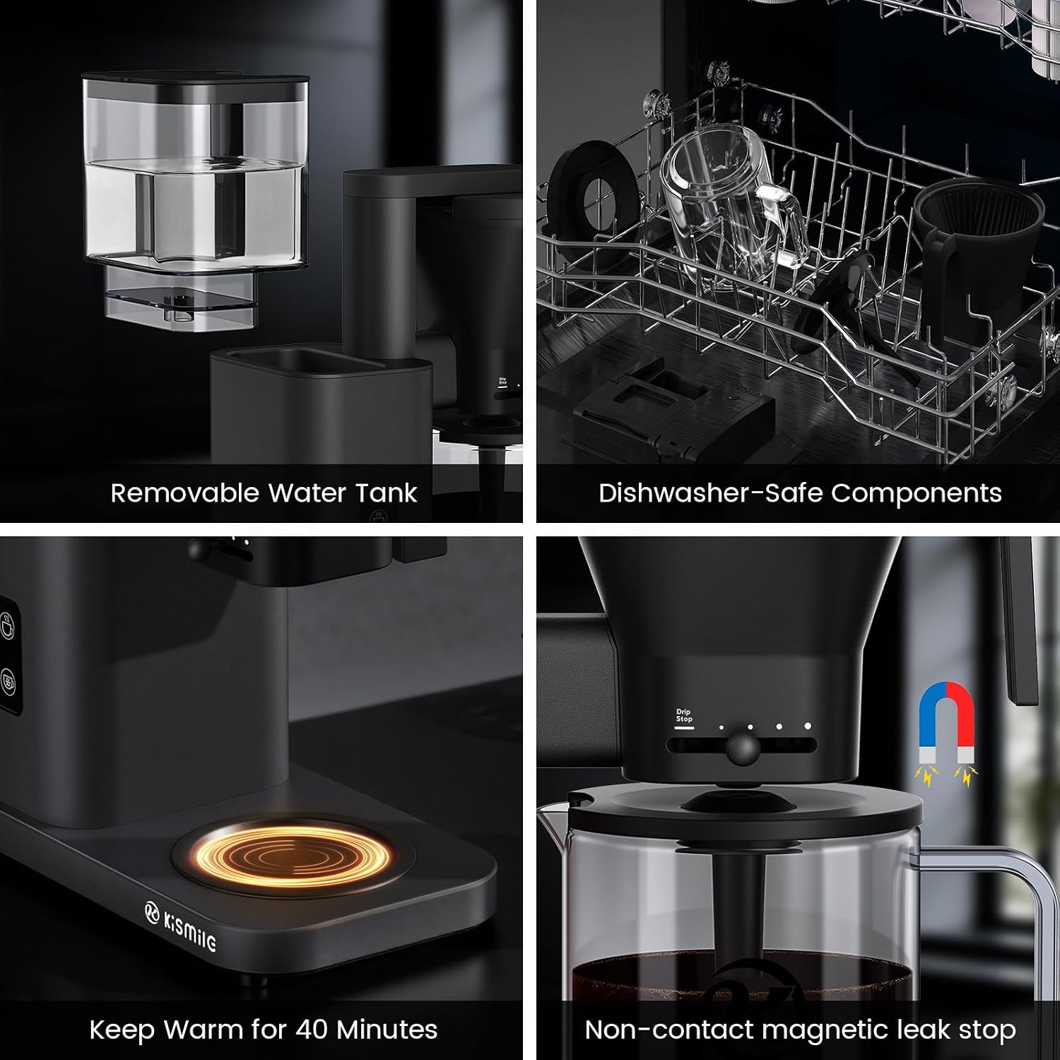 Kismile 8-Cup Drip Coffee Maker Machine, SCA-Certified,Pour Over Coffee Brewer with 3-Second Instant Heating (197-205℉), Adjustable Flow Control, Cold Brew Mode & 40-Min Keep Warm, Dark Grey