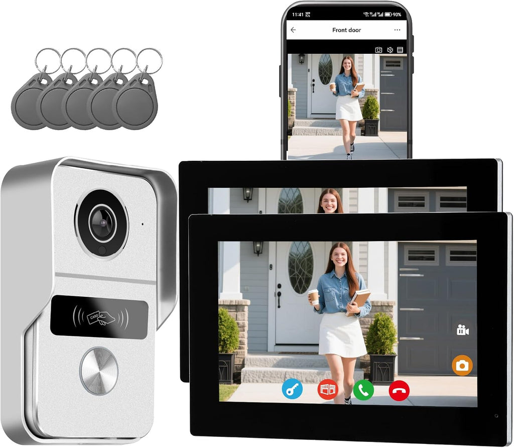 Wired Video Doorbell Apartment Intercom System, 1080P Doorbell Camera, 7-inch Touch Screen, Night Vision, Remote Unlock, Two-Way Intercom for Villa, Home, Office, with 1 Camera and 2 Monitors