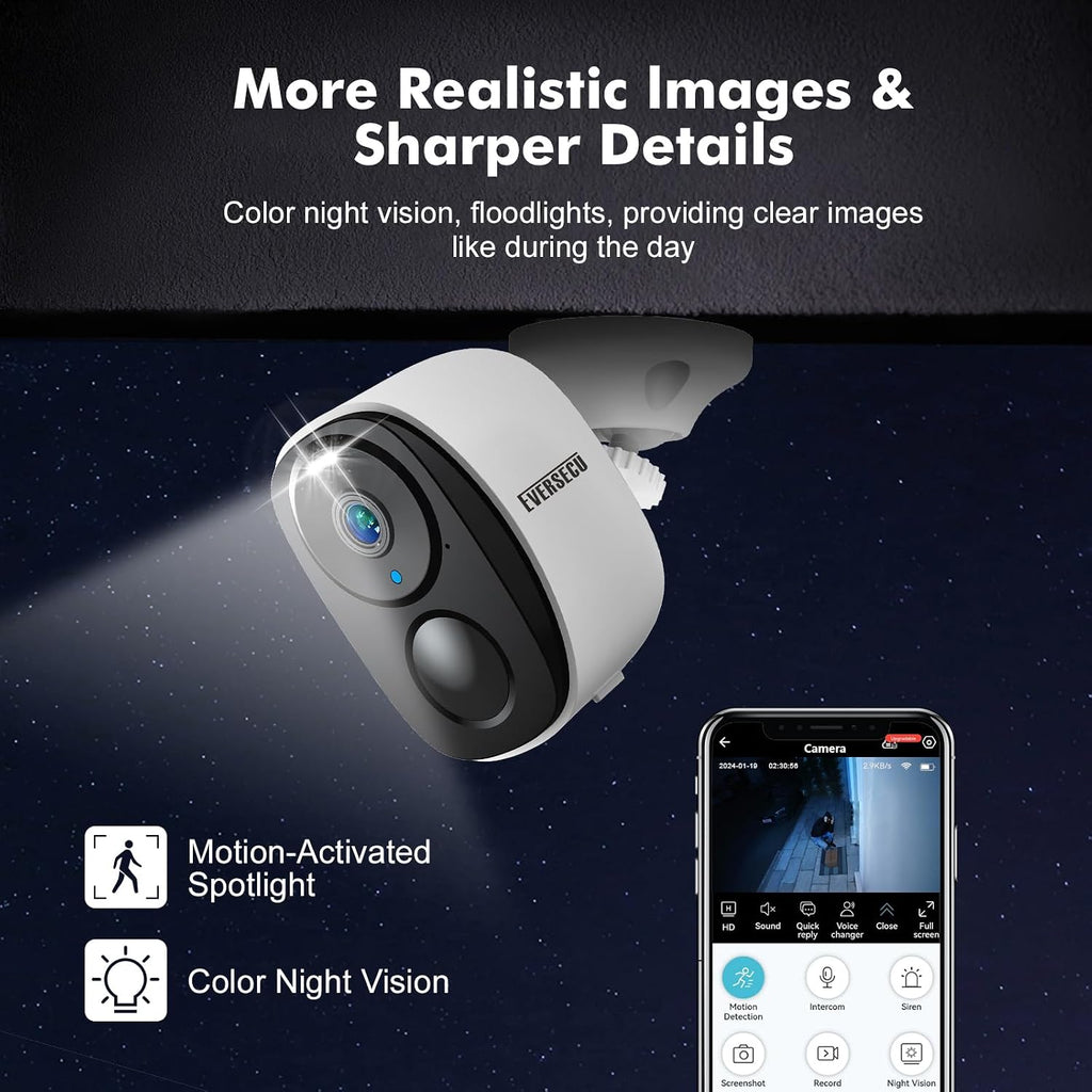 EVERSECU 2K 3MP Solar-Powered Wireless Security Camera Support Pairing Via Bluetooth, Outdoor WiFi Home CCTV Bullet Camera, Spotlight, PIR Motion Detection, 2-Way Audio, Compatible with Alexa(4pack)