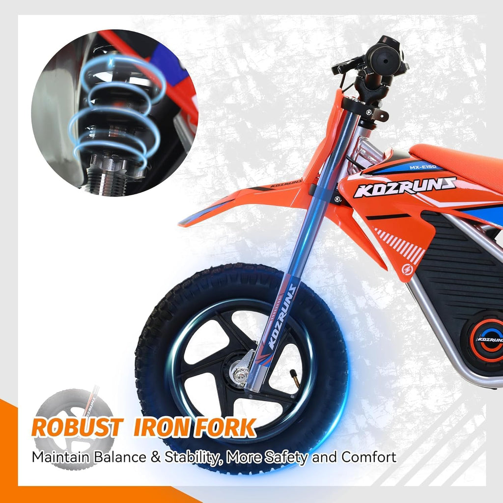 Electric Dirt Bike for Kids 3-7, 150W Powerful High Performance Racing Electric Motorcycle, 2 Speed Settings, Up to 8.0MPH, 12-Inch Off-Road Tires, Rear Disc Brakes & Advanced Suspension