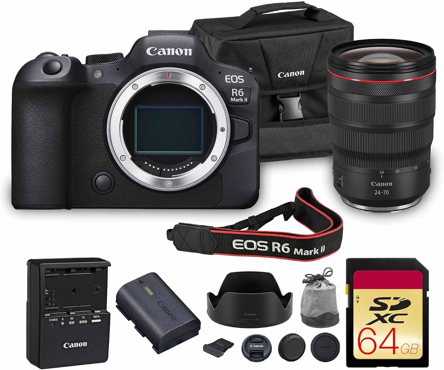 Canon EOS R6 Mark II Mirrorless Camera | 24.2MP Full Frame Sensor 4K 60p Video | Dual Pixel AF in-Body Stabilization for Professionals (5666C002) + Canon RF 24-70mm Lens + 64GB Card + Canon Bag