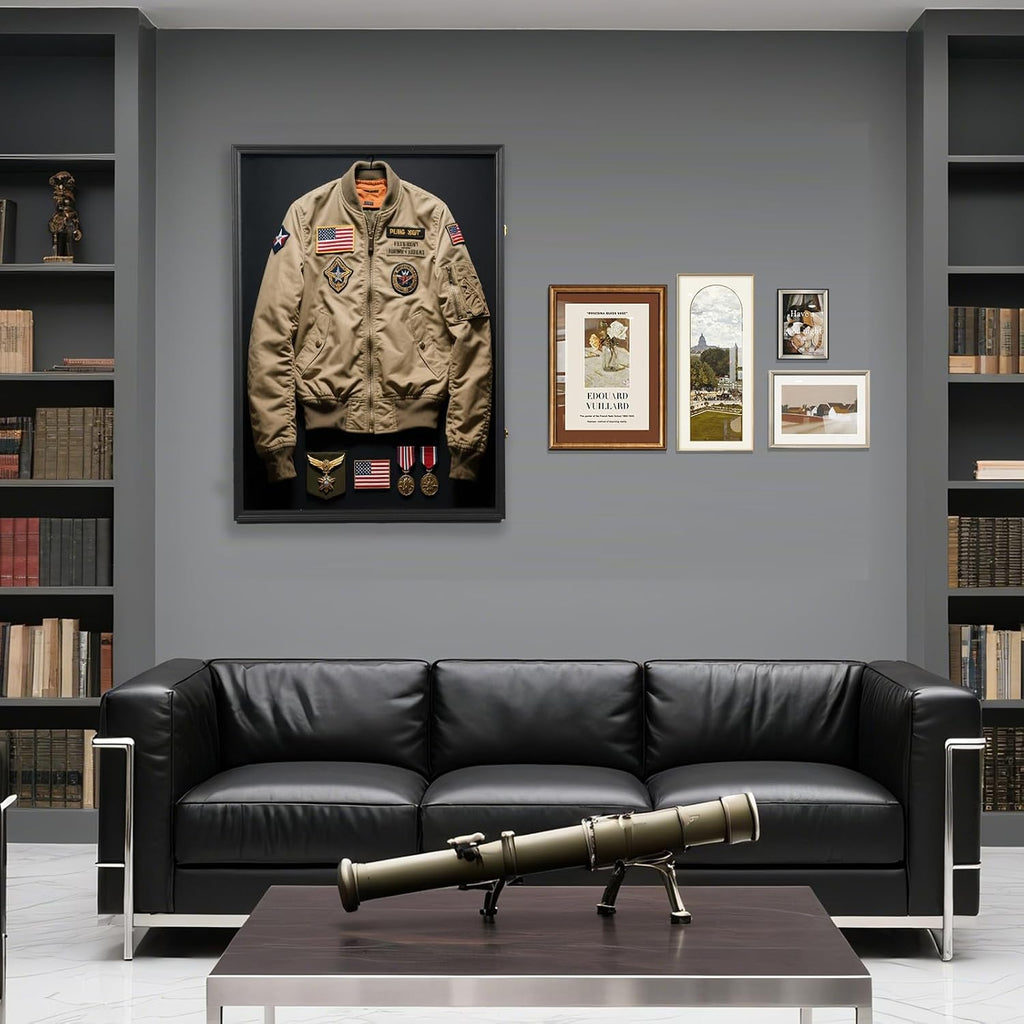 Military Uniform Shadow Box, Police Uniform Display Frame, Clear Acrylic Surface Shadow Box with Hanger and Lock for Military Uniforms, Jerseys, Hanging Badges and Medals Flag （35.82x25.59x2）