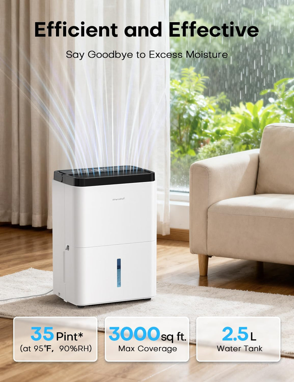 3000 Sq.Ft Dehumidifiers for Home with Drain Hose 35 Pints, Compressor Dehumidifier Smart Humidity Control, 3 Modes, 24H Timer, Auto-Defrost, Dry Clothes Dehumidifiers for Basement Bathroom Bedroom