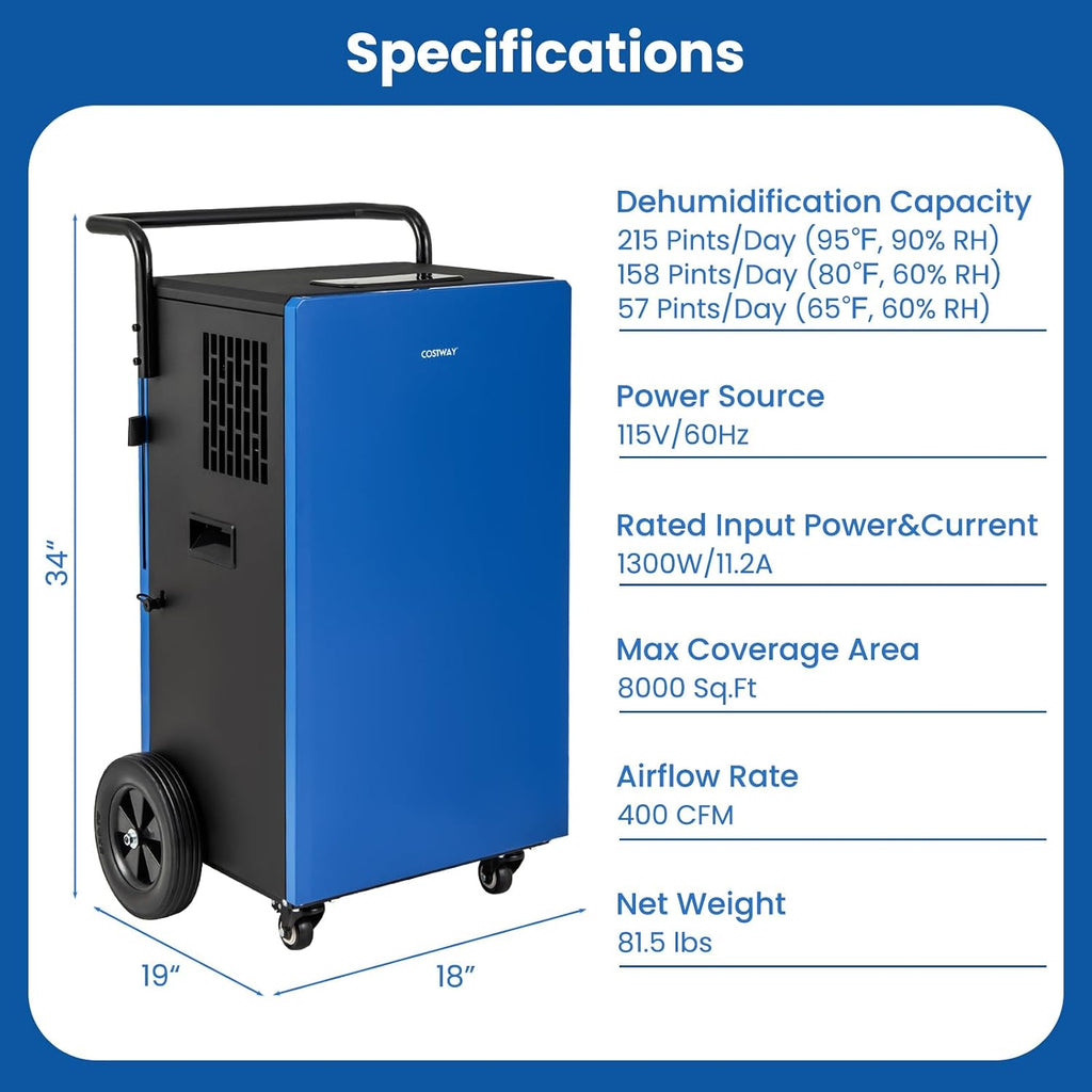 COSTWAY 215 Pint Commercial Dehumidifier, 8,000 Sq.Ft Industrial Dehumidifier with Drain Hose, 24H Timer & 4 Wheels, Ideal for Basement, Warehouse, Job Sites, Water Damage Restoration