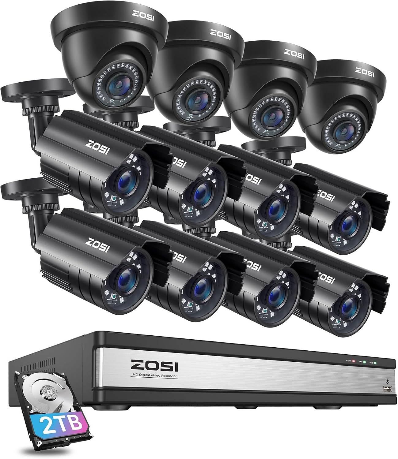 ZOSI 16CH 1080P Surveillance Cameras System 16 channel security video DVR and (8) Bullet Cameras (4) Dome Cameras with 2TB Hard Drive for Outdoor Indoor Security support motion detection remote access