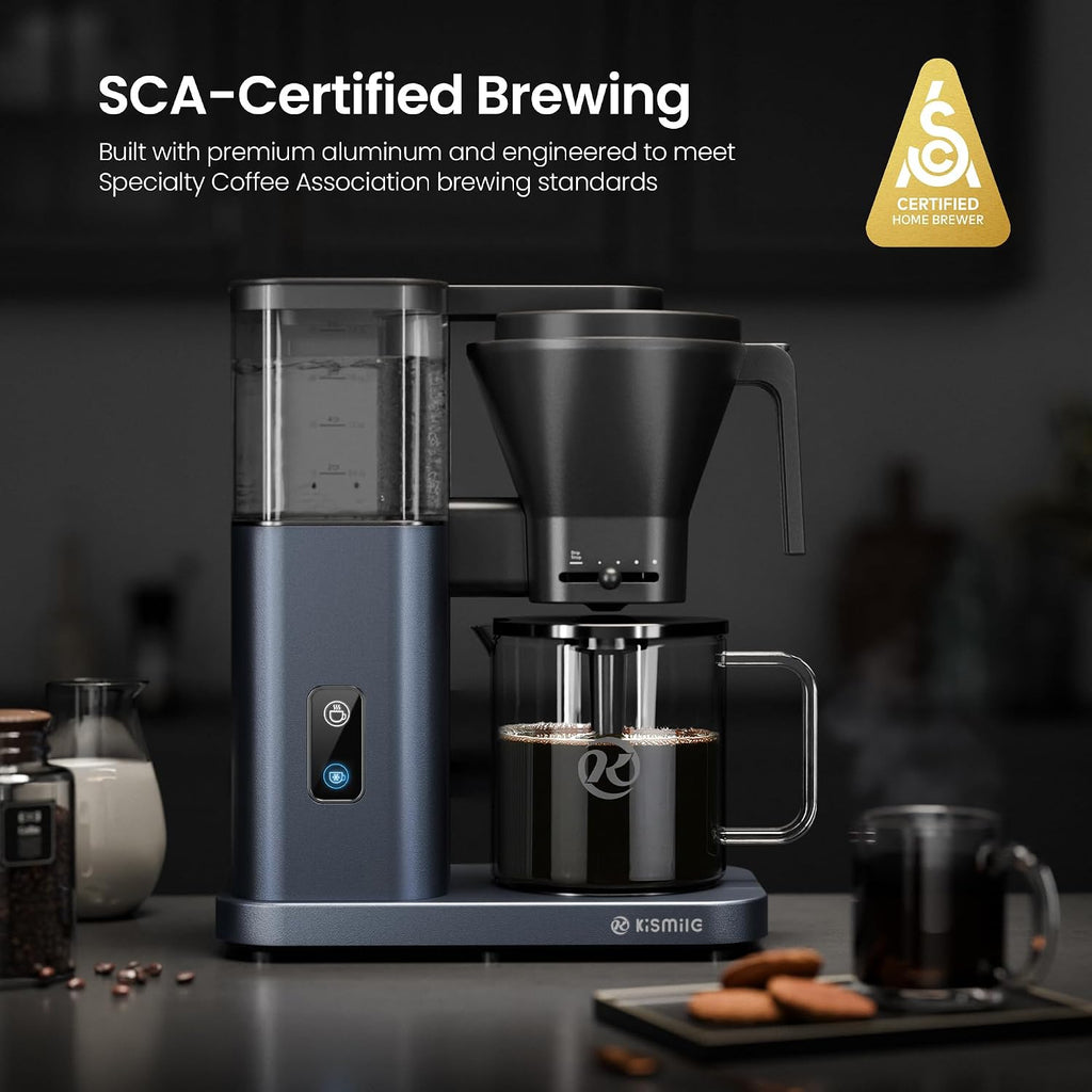 Kismile SCA-Certified 8 Cup Drip Coffee Maker, Pour Over Coffee Machine with 3s Instant Heat 197–205℉, Adjustable Flow Control, Removable Water Tank, Deep Cold Brew & 40 Min Keep Warm (Blue)