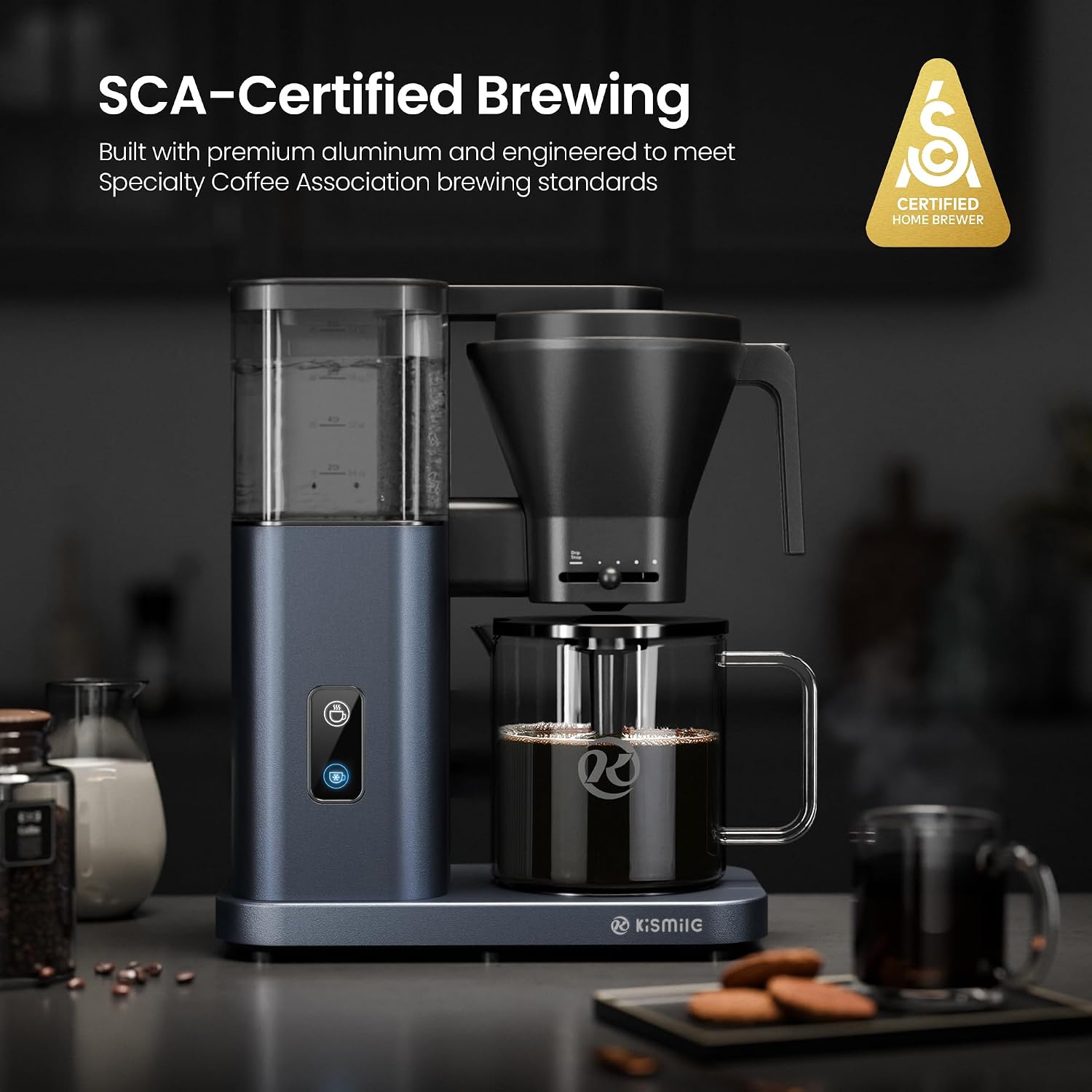 Kismile SCA-Certified 8 Cup Drip Coffee Maker, Pour Over Coffee Machine with 3s Instant Heat 197–205℉, Adjustable Flow Control, Removable Water Tank, Deep Cold Brew & 40 Min Keep Warm (Blue)