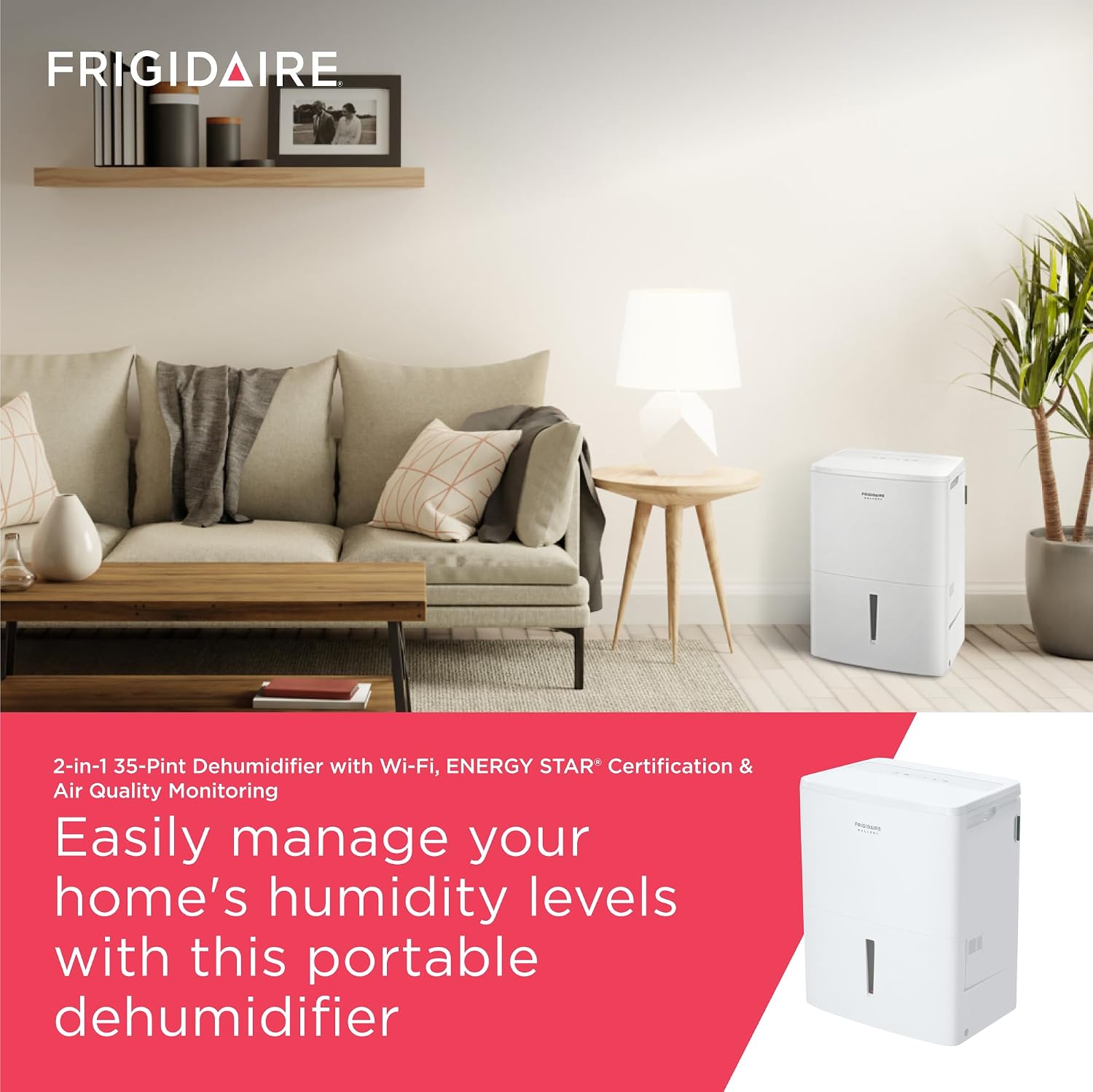 Frigidaire Gallery 2-in-1 50-Pint Portable Dehumidifier with Wi-Fi, Air Quality Monitoring for Medium/Large Rooms & Basements, Custom Humidity Control, Auto Shut Off, White