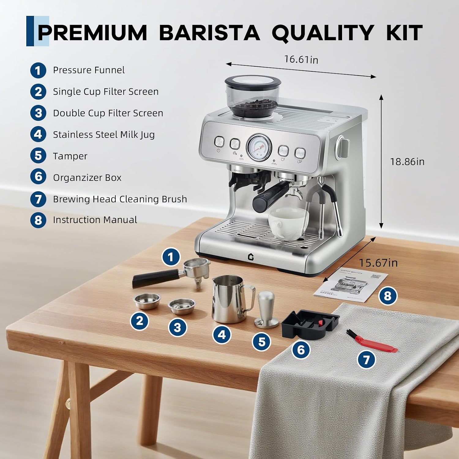 Garvee Stainless Steel Espresso Machine with Grinder & 20 Bar Pressure, 2.8L Removable Water Tank, Milk Frother Steam Wand for Latte/Cappuccino - Adjustable Shot Volume, Professional Home/Office Use