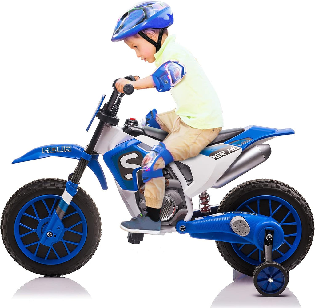 TOBBI Kids Motorcycle Dirt Bike 12V Electric Motorcycles Ride on Toys Battery Powered Motorbike Off-Road Motocross for Toddler Boys Girls 3-8 Years w/ 2 Speeds, 35W Dual Motors, Training Wheels, Blue