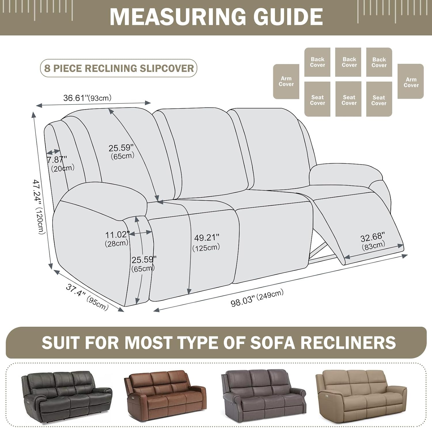 vctops 8 Pieces Cotton Linen Recliner Sofa Covers Rustic Stretch Soft 3 Seats Couch Cover Anti-Slip Sofa Slipcover Furniture Protector with Elastic Bottom for Kids Pet (Beige Grey,3 Seat)