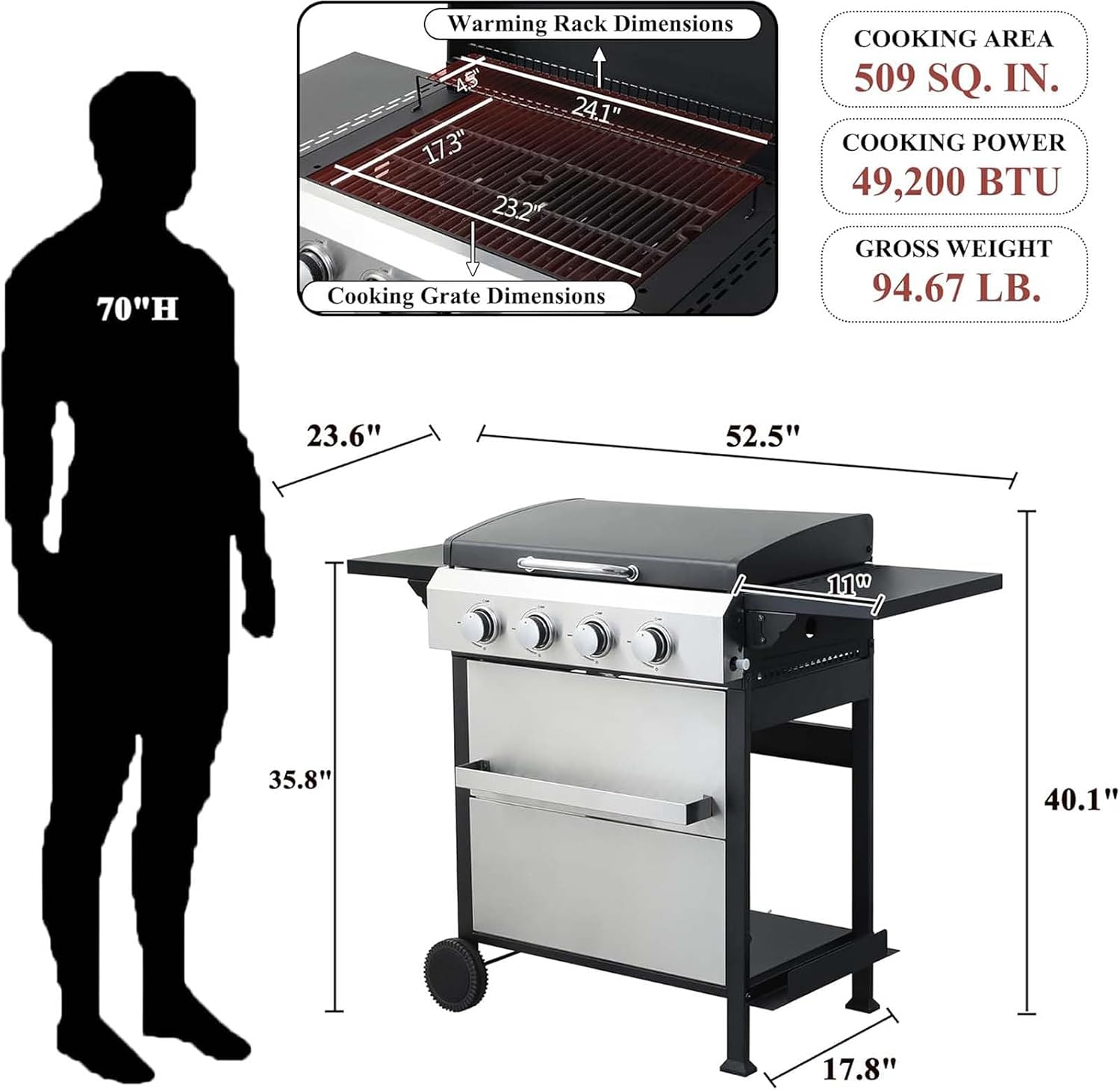 4-Burner Propane Gas BBQ Grill with Wire Enamel Cooking Grids&Plancha, 49,200 BTU Output Stainless Steel Grill with Foldable Side Table & Hanging Basket for Outdoor Backyard Barbecue