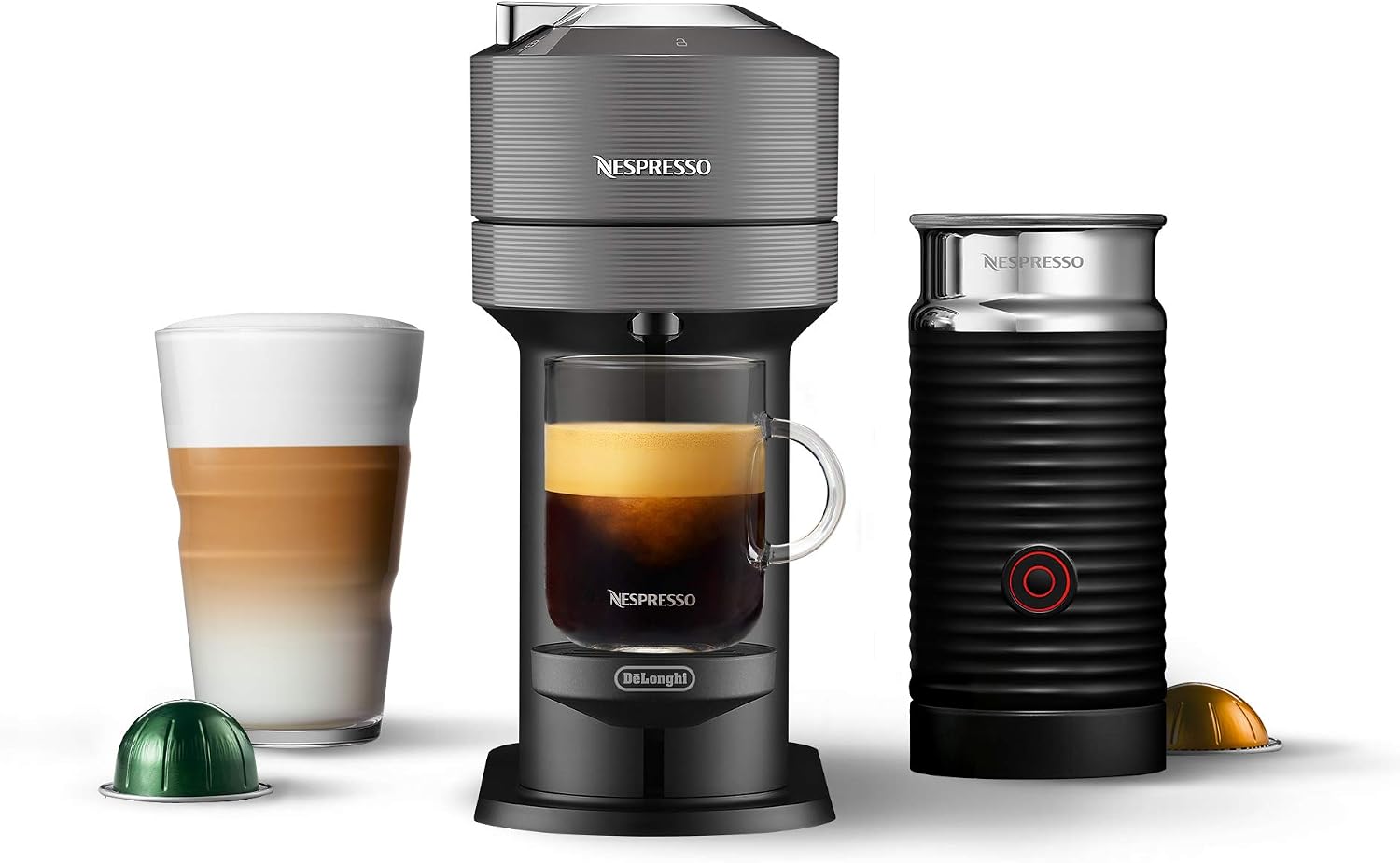 Nespresso Vertuo Next Coffee & Espresso Machine compatible with De'Longhi, Dark Grey w/Aeroccino Milk Frother, One Touch Brew, Single-Serve Coffee & Espresso Maker (Renewed)
