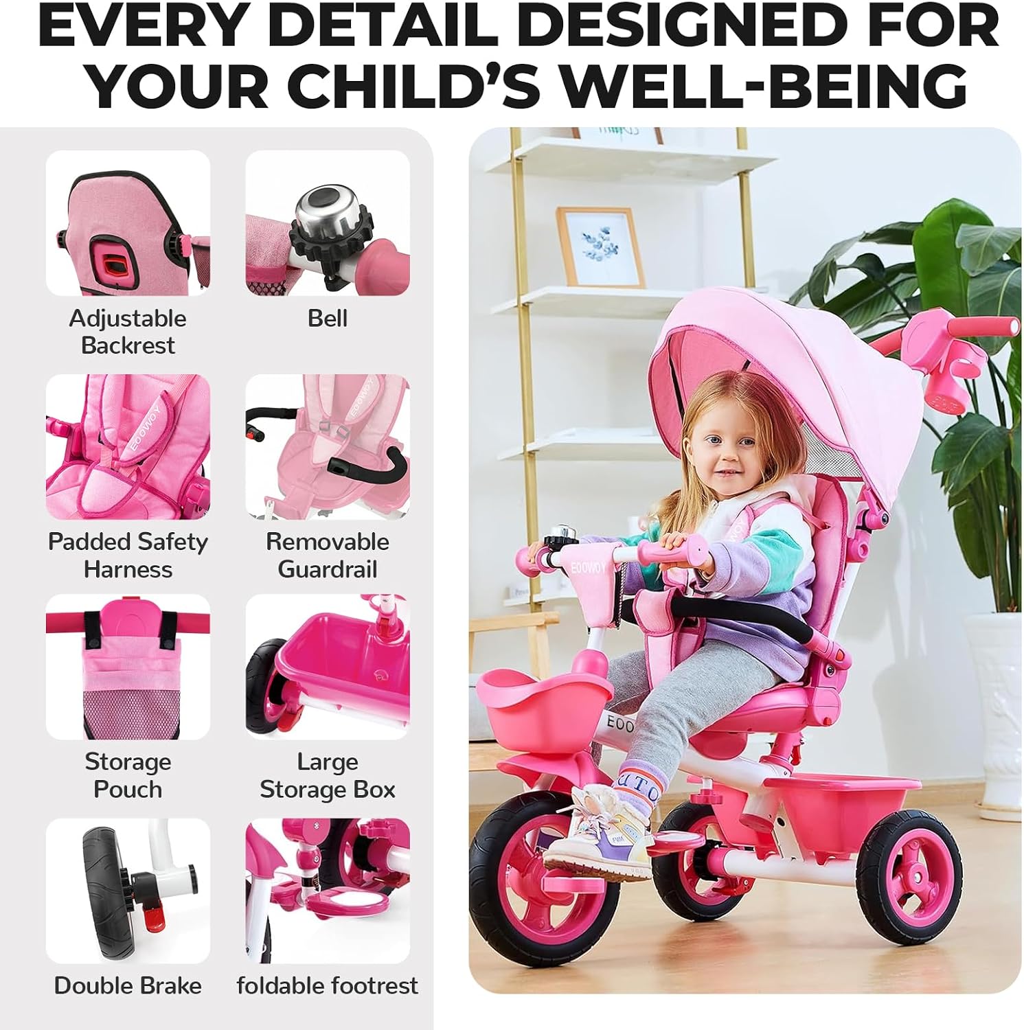 EOOWOY Toddler Tricycle with Push Handle, 7 in 1 Stroller Trike with 360° Swivel Seat, Reclining Backrest, All-Terrain Wheels, Dual Brakes, Canopy & Storage, Gift for Kids 18 Months to 5 Years, Pink