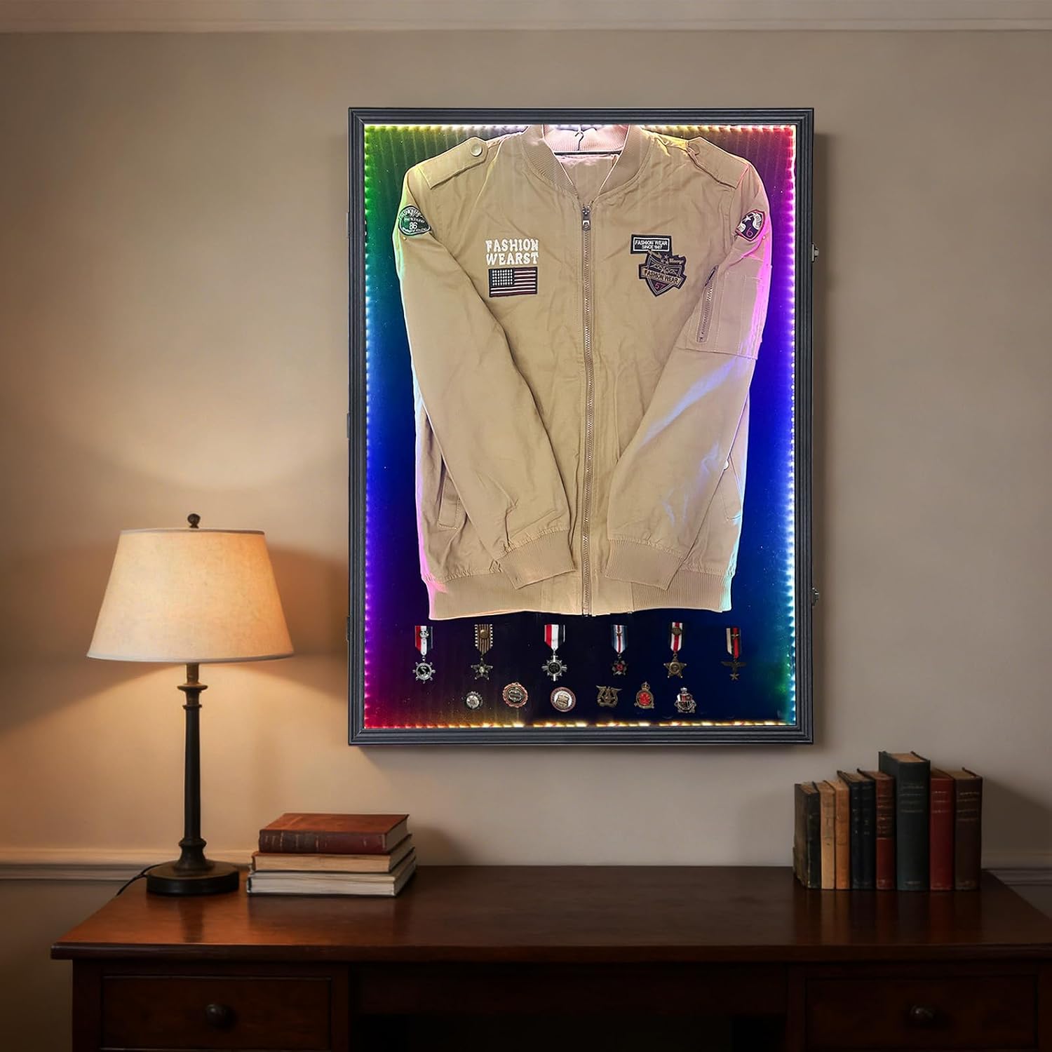 KCRasan LED Military Uniform Display Case - Police Uniform Display Frame - Uniform Shadow Box Wall Cabinet with Uv Protection Acrylic Door for Collection Military Uniform Black