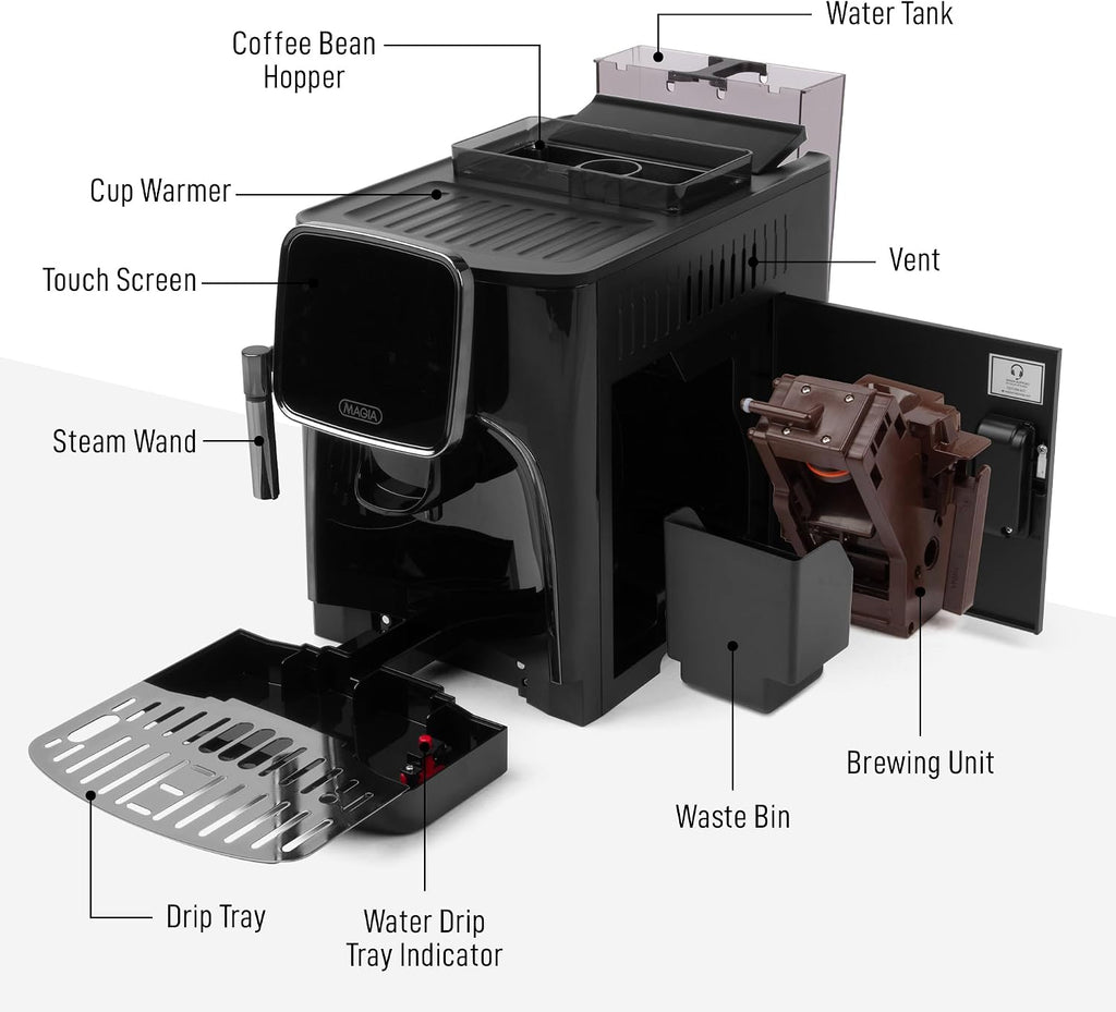 Zulay Kitchen Magia Clasica Automatic Espresso Machine with Built-In Grinder, Touch Panel Coffee Maker, Steam Wand Milk Frother, Adjustable Strength, Self-Cleaning, Black (13' x 17.7' x 9.4')