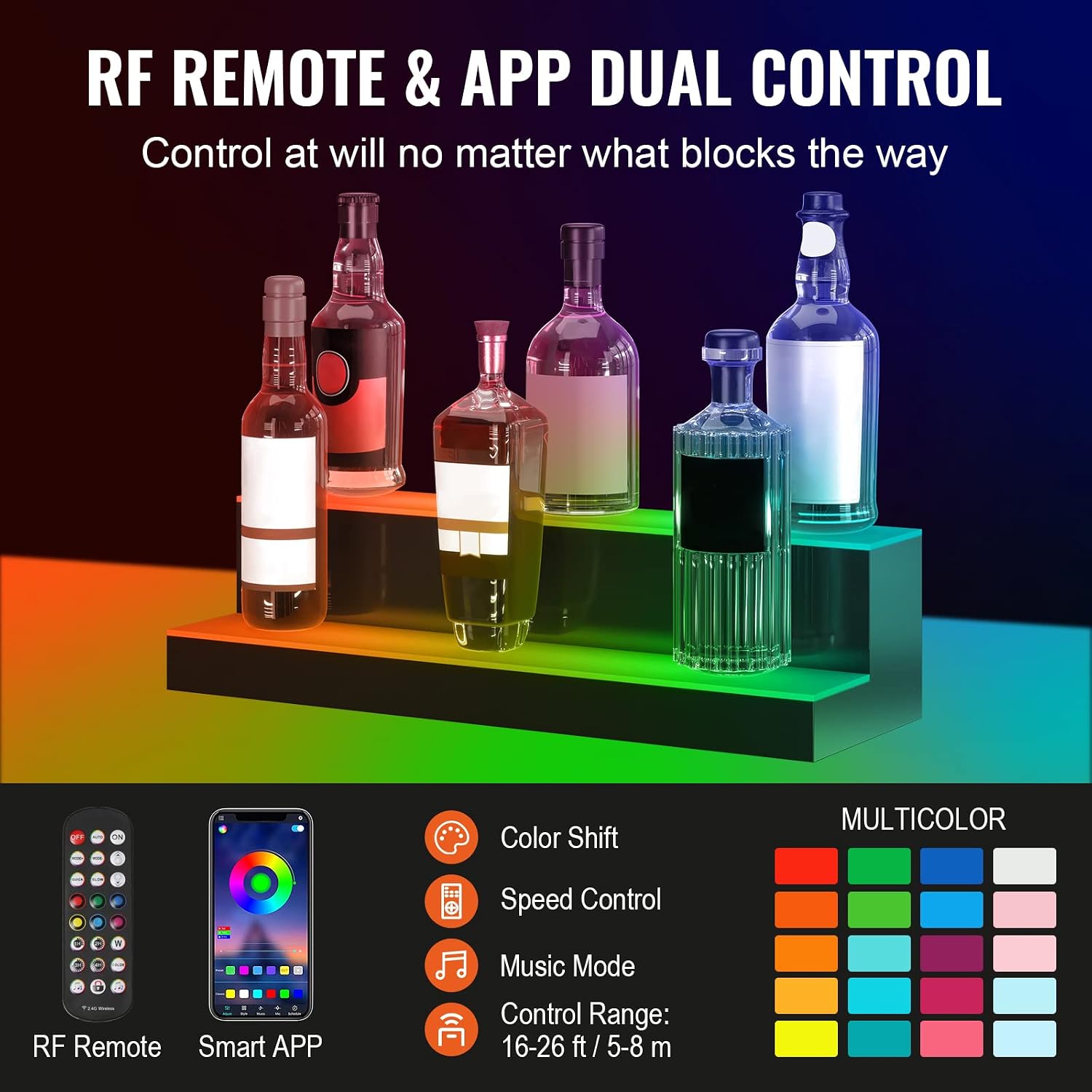 VEVOR LED Lighted Liquor Bottle Display, 2 Tiers 24 Inches, Supports USB, Illuminated Home Bar Shelf with RF Remote & App Control 7 Static Colors 1-4 H Timing, Acrylic Lighted Shelf for 12 Bottles