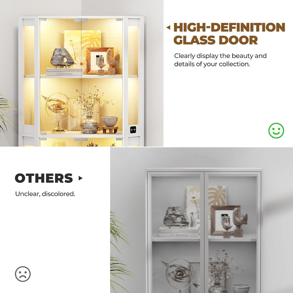 BROTTAR Corner Display Cabinet with Glass Doors, 65' Lighted Curio Display Case with 3 Color Lights for Collectibles, Books, 4-Tier Bookcase with Human Body Sensor, White