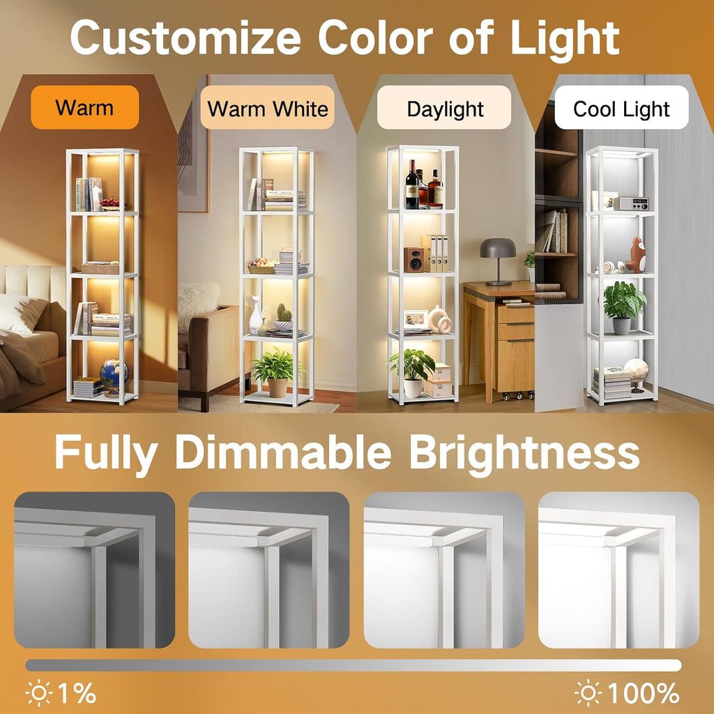 OUTON 67' Glass Display Shelf with Dimmable LED Floor Lamp, Collectibles Display Cabinet with Remote & App Control, 5 Tier Open Bookshelf Lamp for Living Room, Bedroom, Office, Home Decor, White