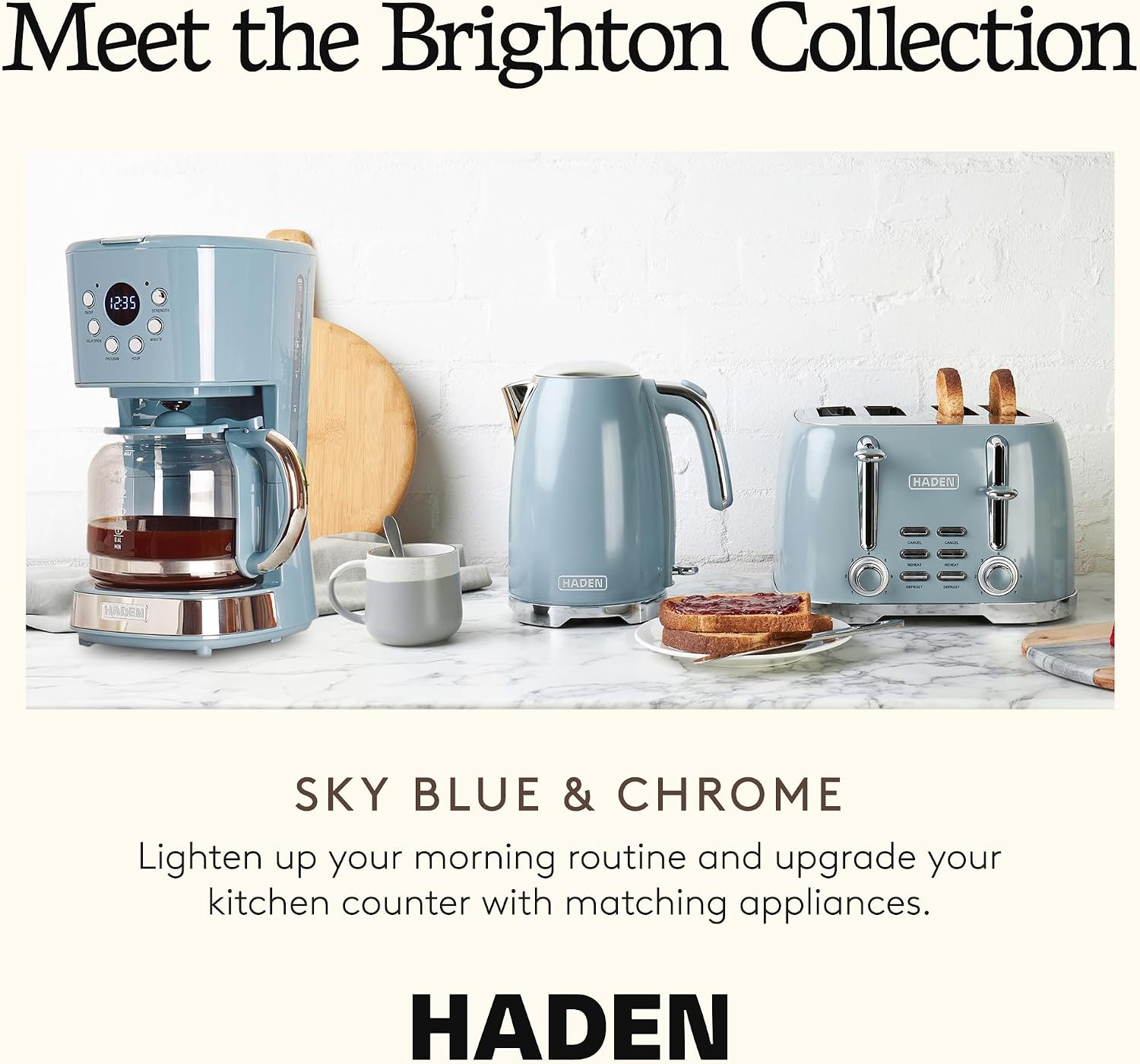 HADEN Brighton Coffee Machine, 12 Cup Programmable Drip Coffee Maker with Auto Shut-Off Function and Reusable Washable Water Filter, Sky Blue & Chrome