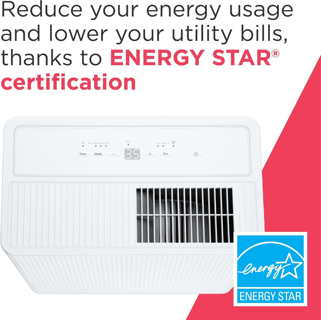 Frigidaire 22-Pint Portable Dehumidifier with Energy Star Certification for Small/Medium Rooms, Bedrooms & Bathrooms, Custom Humidity Control, Auto Shut Off, White
