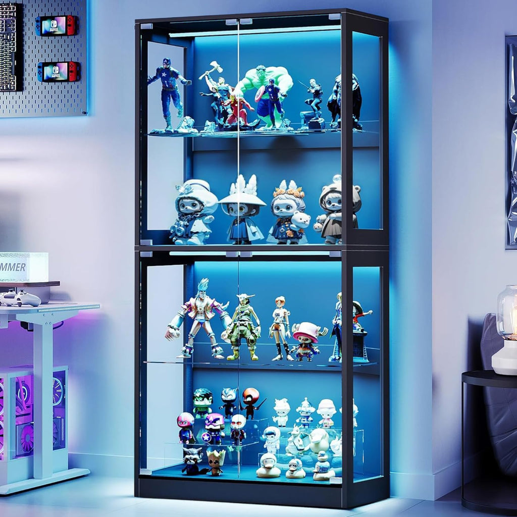 AMERLIFE RGB Display Cabinet with Adjustable Glass Shelves, 4-Tier Storage Case with LED Lights & Press-to-Open Doors, Modern Display Shelf for Collectibles, Black 70' H×32' L×16' D