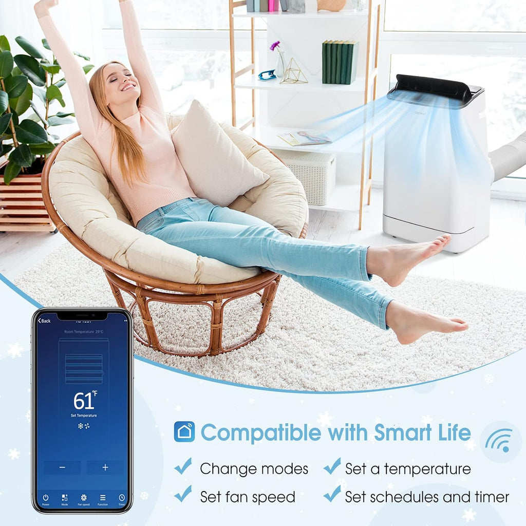 COSTWAY 15000 BTU Portable Air Conditioner, with Heat, Auto Swing 4-in-1 AC Unit for Rooms up to 800 Sq.Ft, with Built-in Dehumidifier, 24H Timer, Remote Control/APP Control & Window Kit(15000 BTU)
