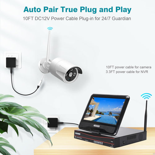 10CH Expandable Wireless Security Camera System with 10.1' Monitor 4pcs 5MP Indoor Outdoor Camera 1-Way Audio Night Vision Motion Detection Home Business CCTV Surveillance 1TB HDD