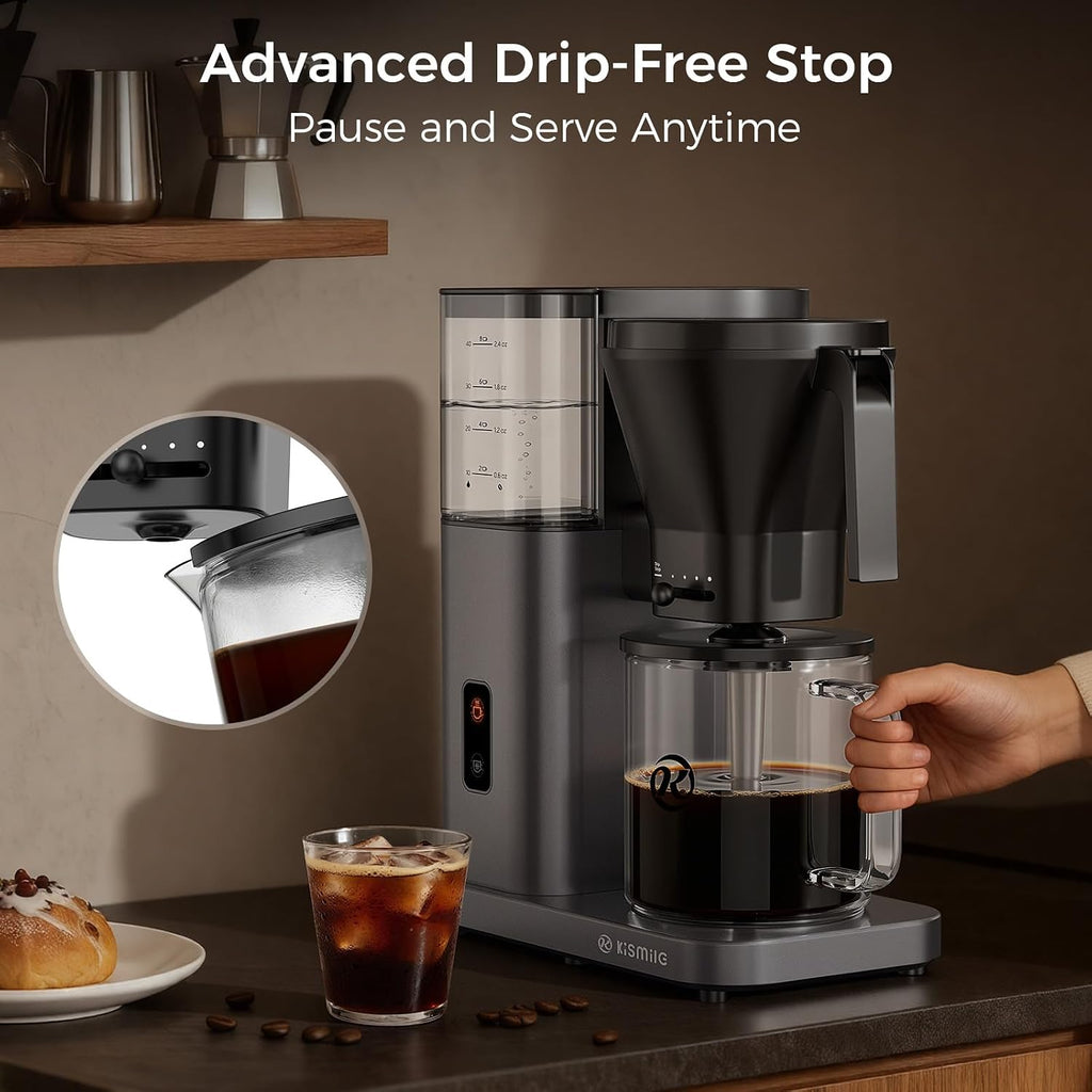 Kismile 8 Cup Drip Coffee Maker Machine, Pour Over Coffee Brew with 3s Instant Heat 197-205℉, Removable Water Tank, Adjustable Flow Control, Deep Cold Brew & Keep Warm 40 Min (starrygray)