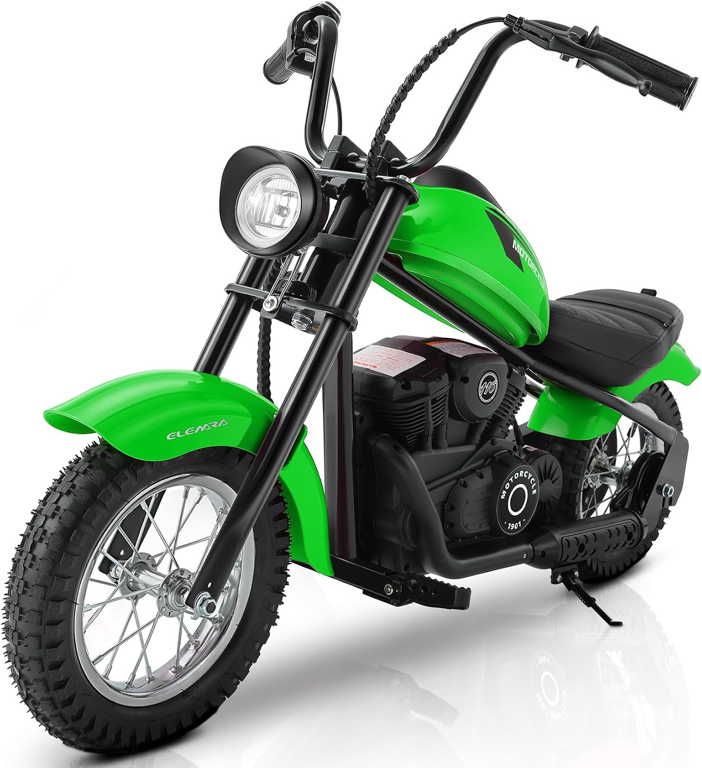 ELEMARA Electric Dirt Bike,15 mph & 150lb Max, 24V Ride on Toy for Big Kids w/LED Lights & Power Display,Chain-Driven Motor,Twist-Grip Throttle,Shock Springs,Handbrake,12' Air-Filled Tires-Grass Green